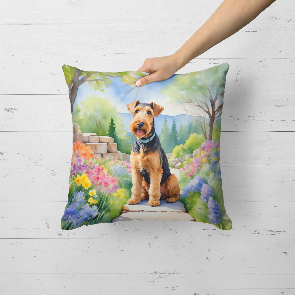 Airedale Terrier Spring Garden Decorative Throw Pillow 18x18 Indoor Outdoor Accent Cushion, Fabric Cover with Insert for Sofa, Bed, Porch & Living Room