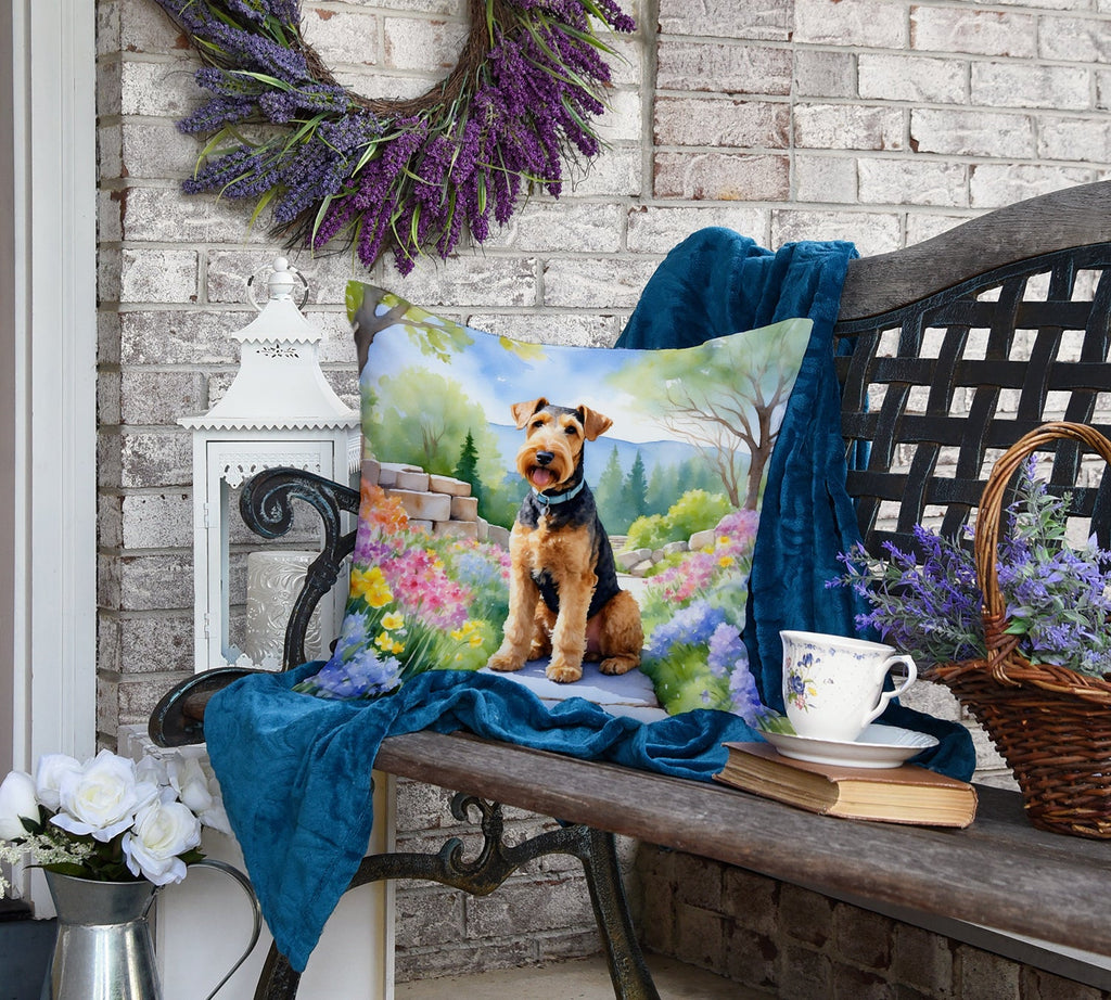 Airedale Terrier Spring Garden Decorative Throw Pillow 18x18 Indoor Outdoor Accent Cushion, Fabric Cover with Insert for Sofa, Bed, Porch & Living Room