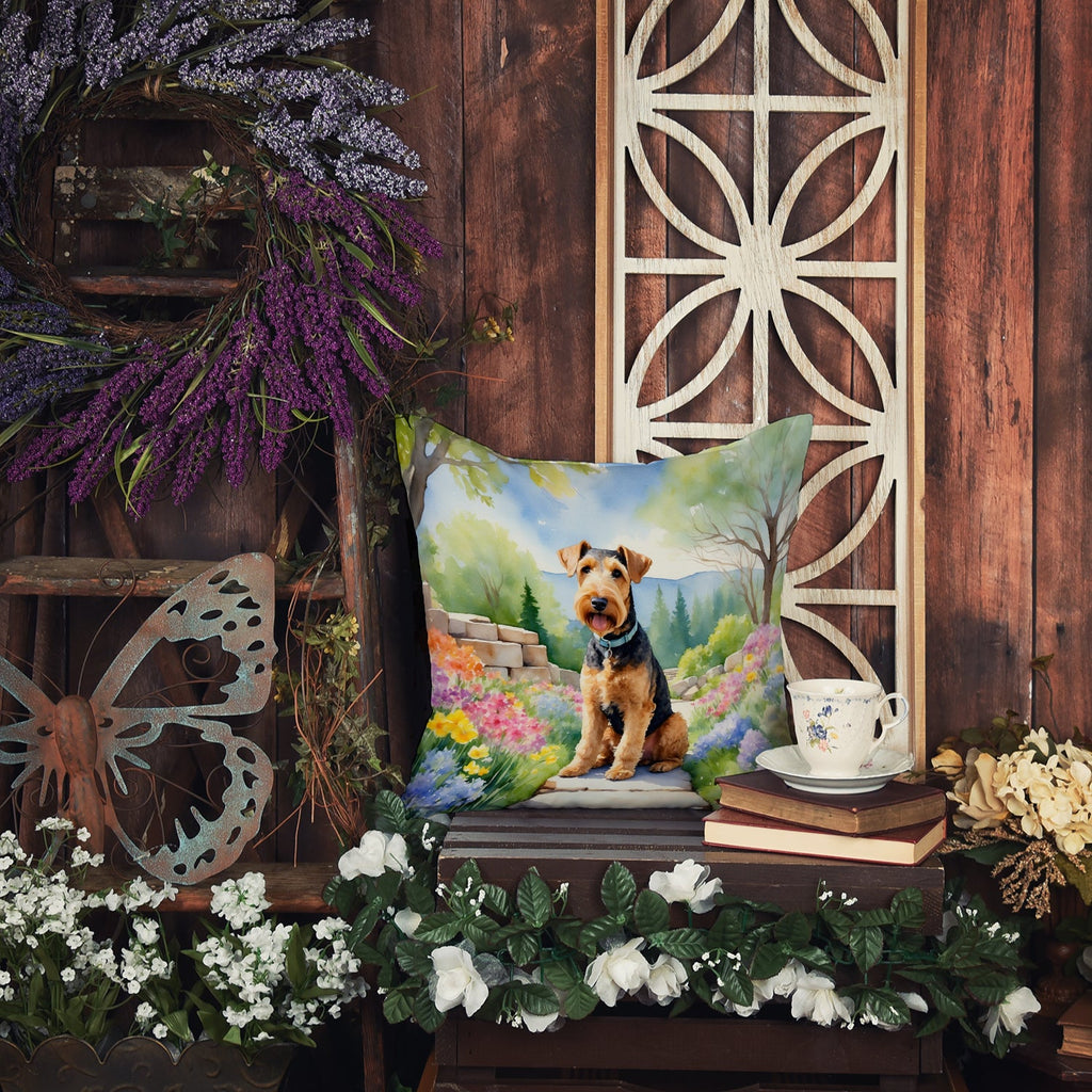 Airedale Terrier Spring Garden Decorative Throw Pillow 18x18 Indoor Outdoor Accent Cushion, Fabric Cover with Insert for Sofa, Bed, Porch & Living Room
