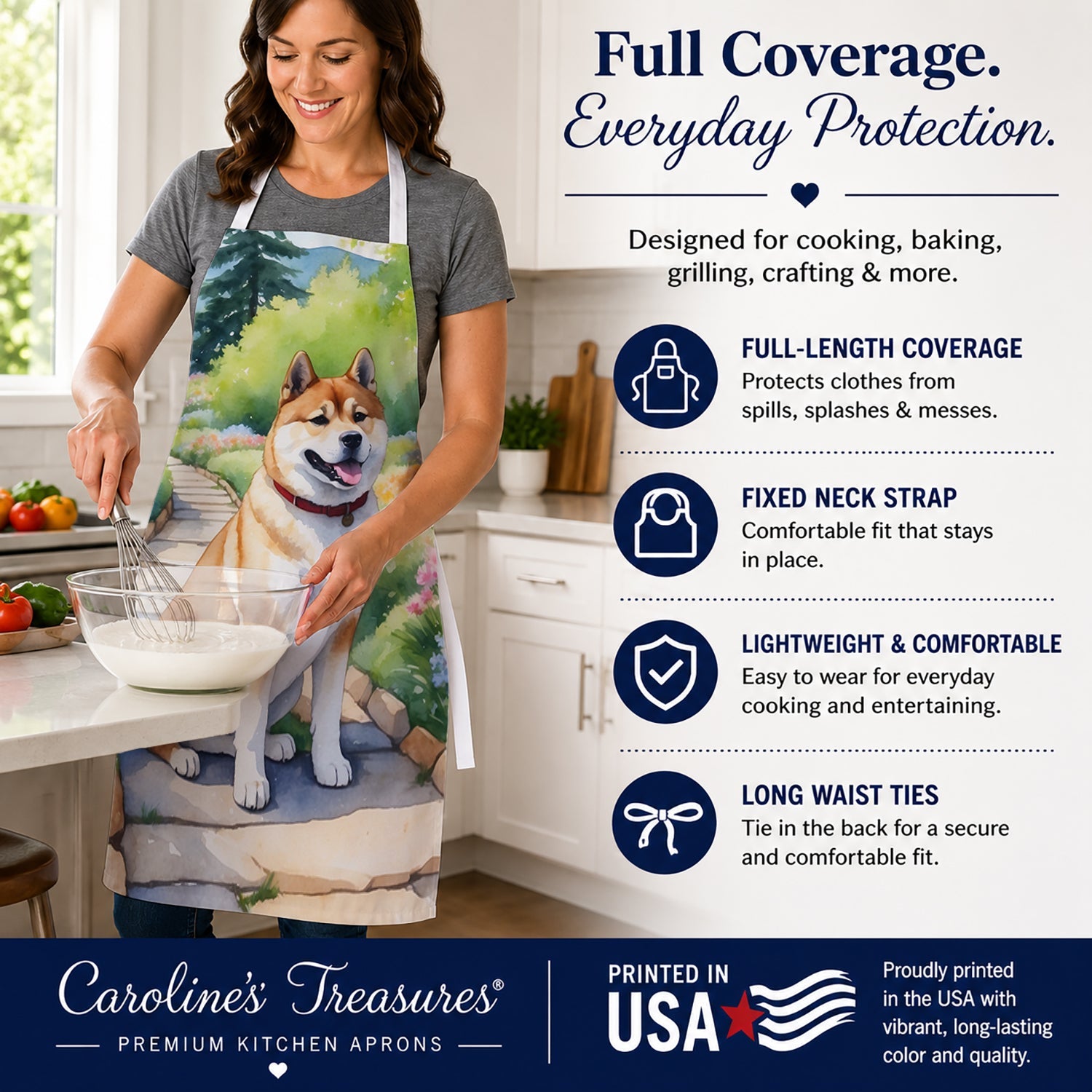 Akita Spring Garden Apron Cooking Kitchen Server Baking Crafts Gardening for Adult Women Men, Unisex, Large, Multicolor