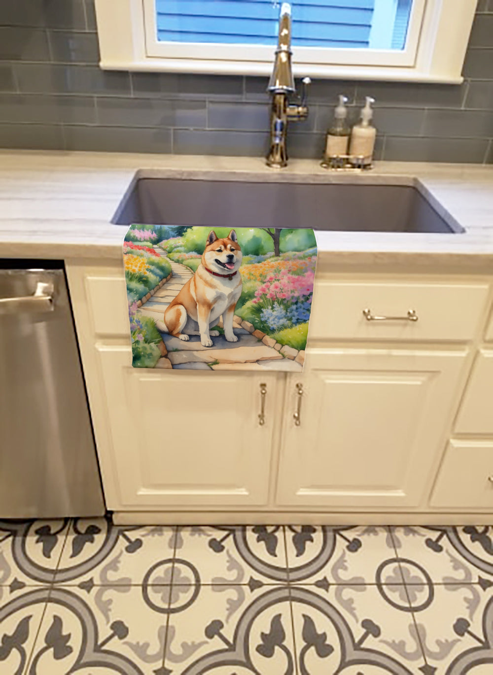 Akita Spring Garden Kitchen Towel Velour Plush Front and Cotton Loop Back Machine Washable
