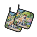 Akita Spring Garden Pot Holder Set of 2 Heat Resistant Quilted Hot Pads 7.5 x 7.5 Inch, Insulated Kitchen Trivets for Cooking & Baking