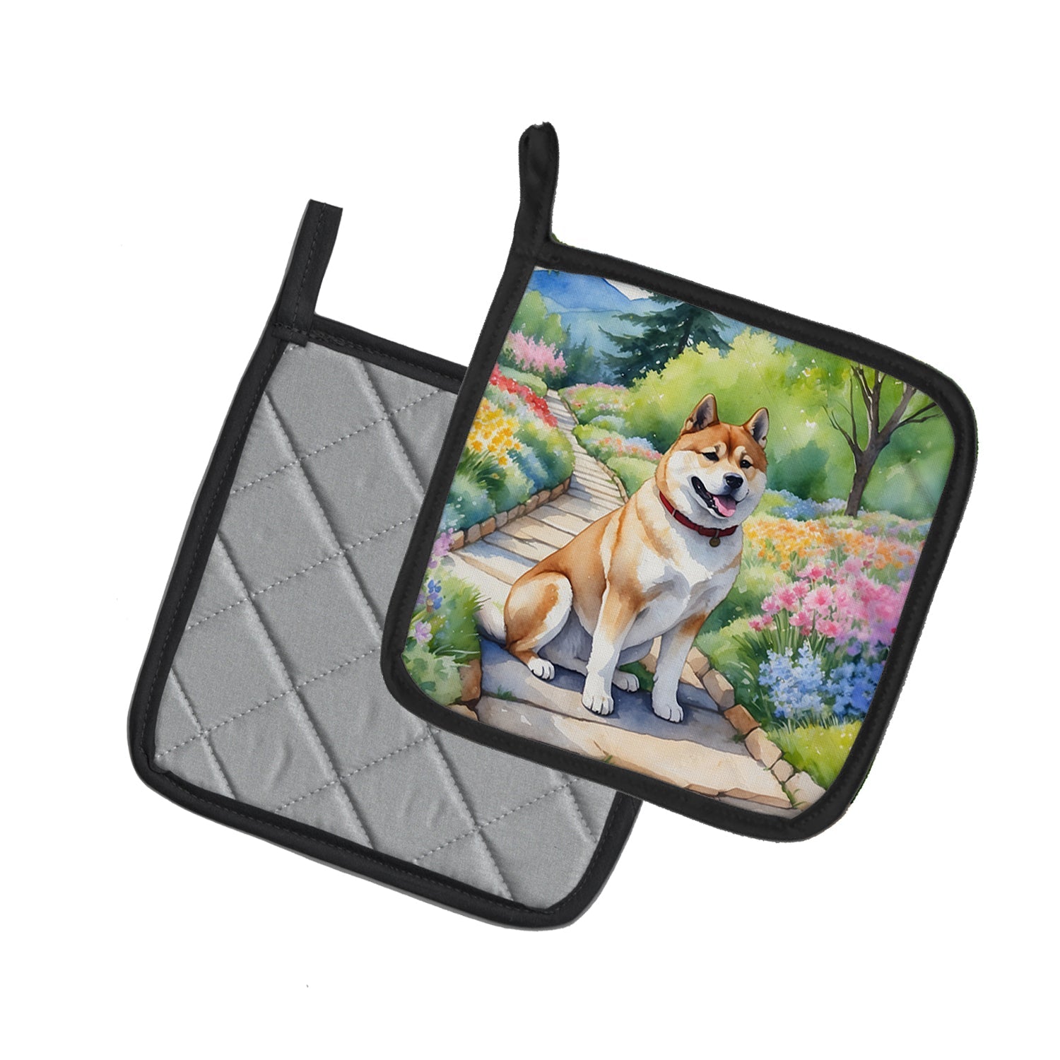 Akita Spring Garden Pot Holder Set of 2 Heat Resistant Quilted Hot Pads 7.5 x 7.5 Inch, Insulated Kitchen Trivets for Cooking & Baking