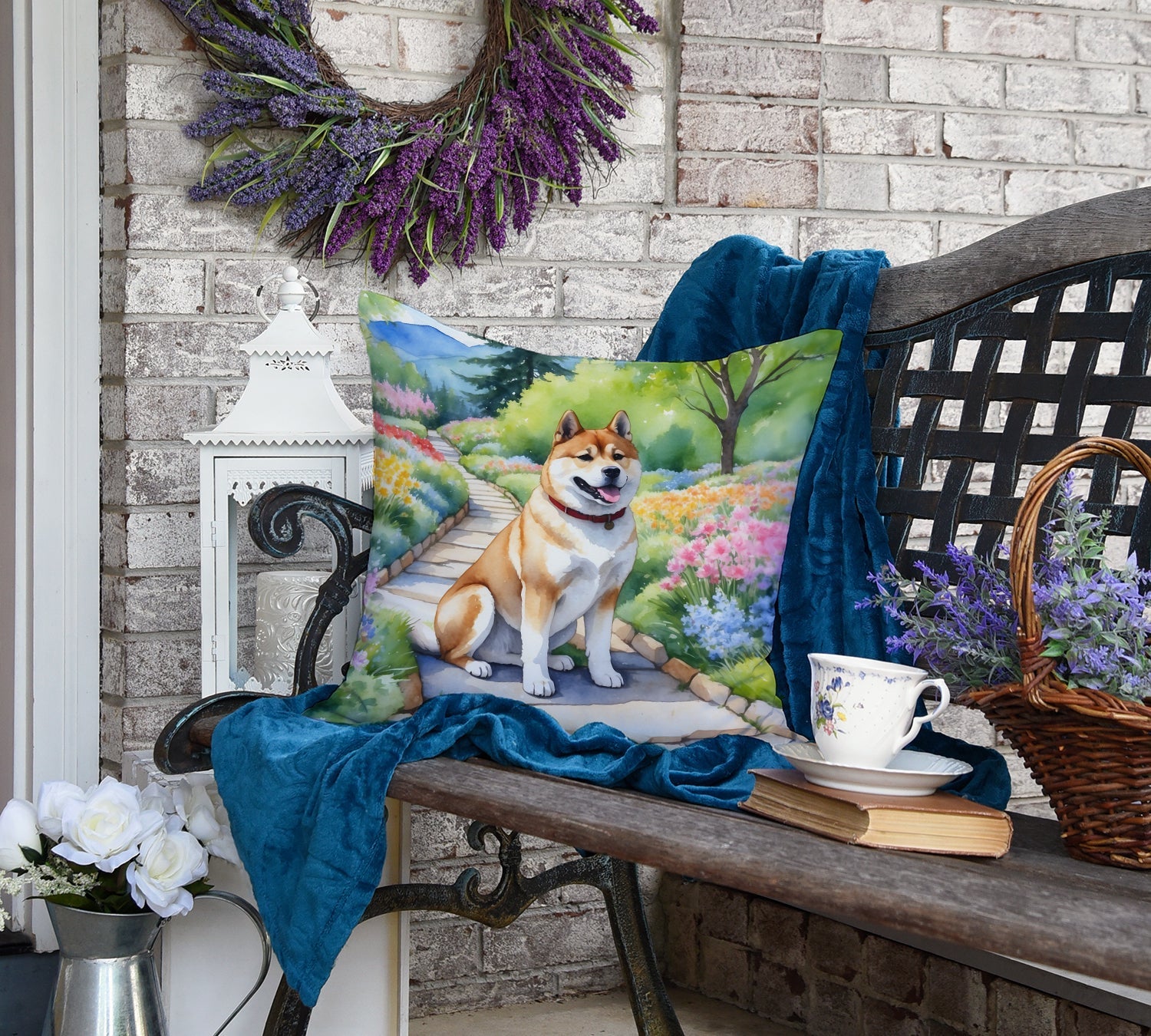 Akita Spring Garden Decorative Throw Pillow 18x18 Indoor Outdoor Accent Cushion, Fabric Cover with Insert for Sofa, Bed, Porch & Living Room