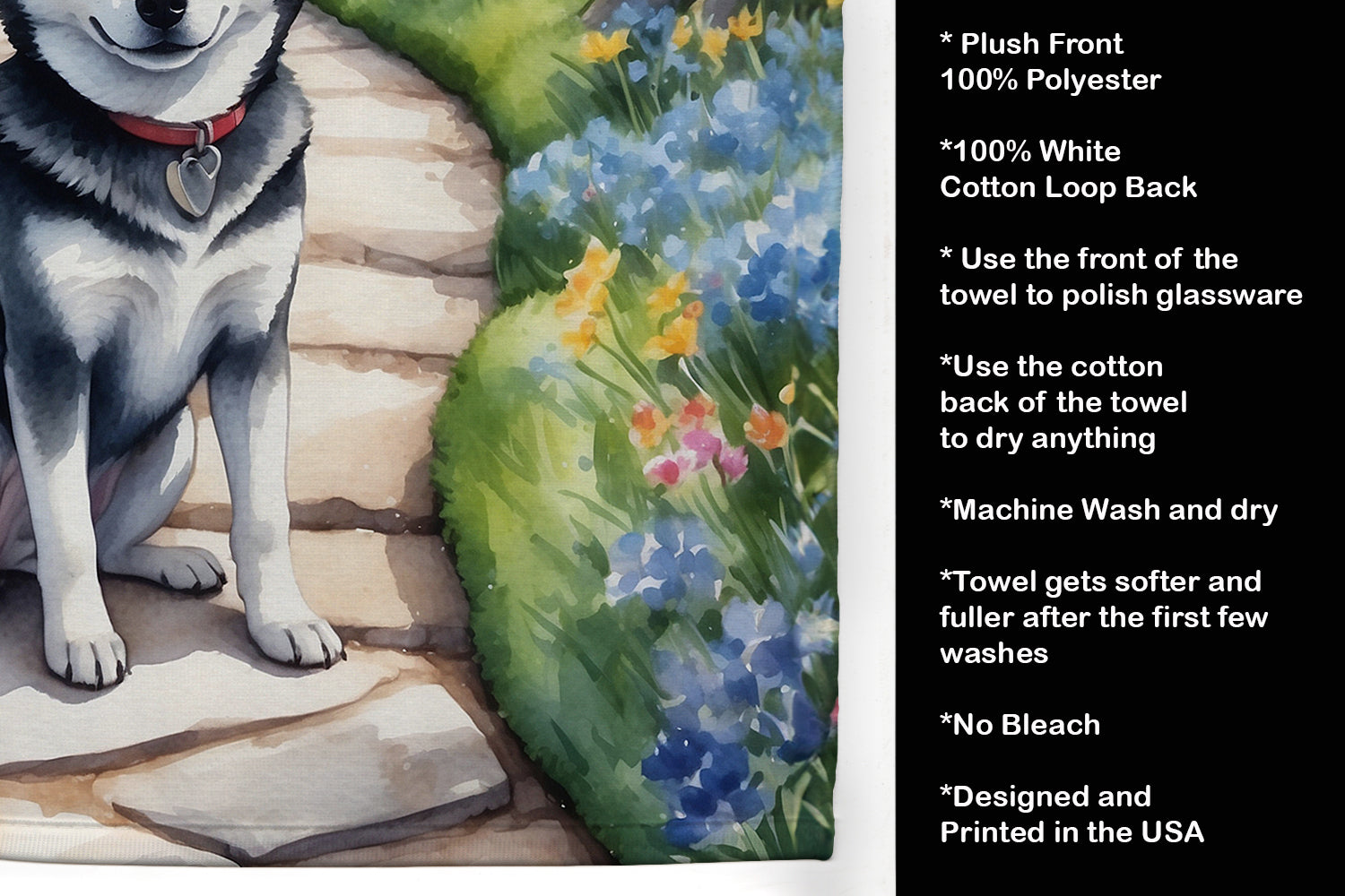 Alaskan Klee Kai Spring Garden Kitchen Towel Velour Plush Front and Cotton Loop Back Machine Washable