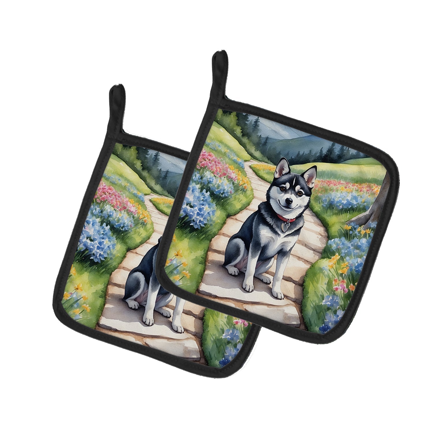 Alaskan Klee Kai Spring Garden Pot Holder Set of 2 Heat Resistant Quilted Hot Pads 7.5 x 7.5 Inch, Insulated Kitchen Trivets for Cooking & Baking