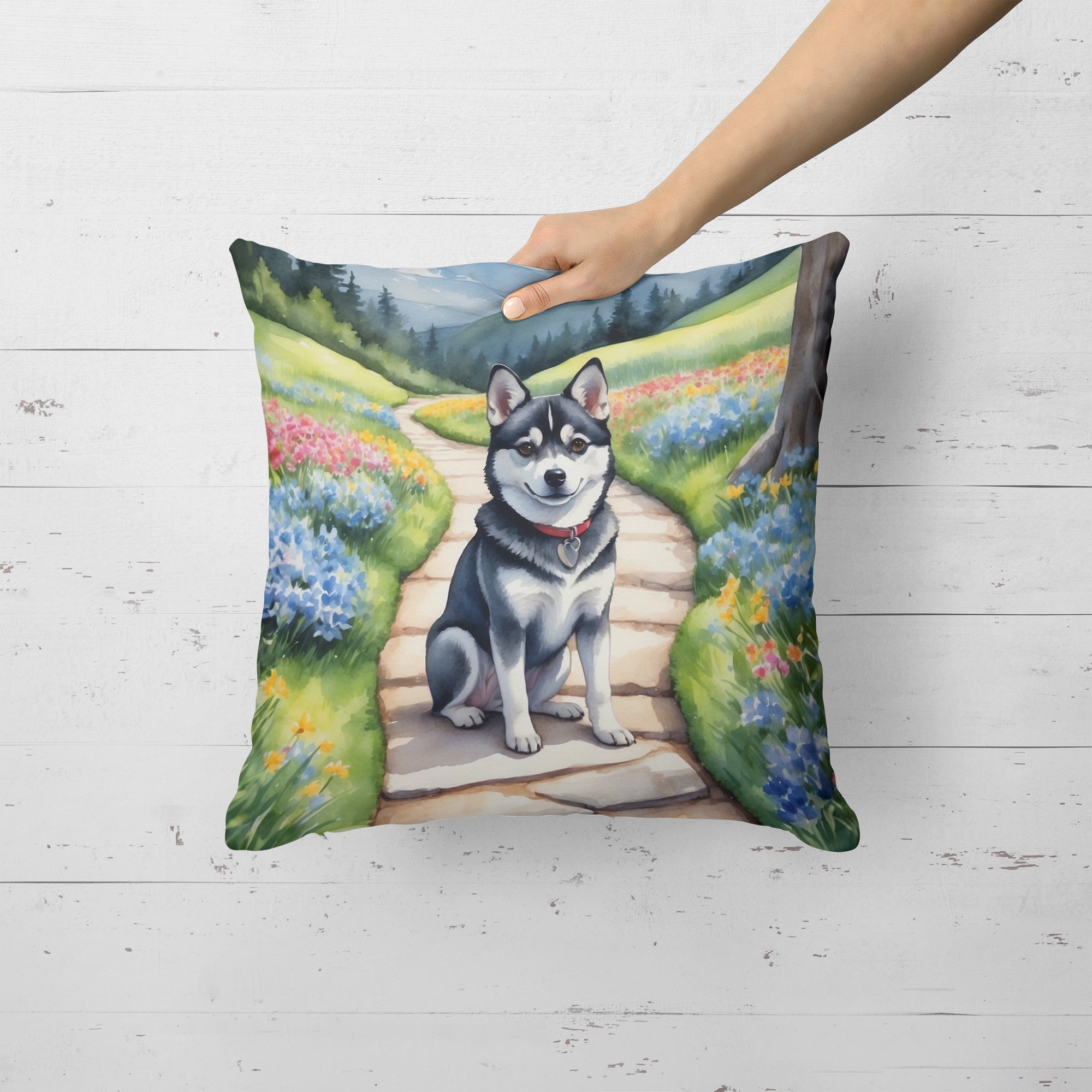 Alaskan Klee Kai Spring Garden Decorative Throw Pillow 18x18 Indoor Outdoor Accent Cushion, Fabric Cover with Insert for Sofa, Bed, Porch & Living Room