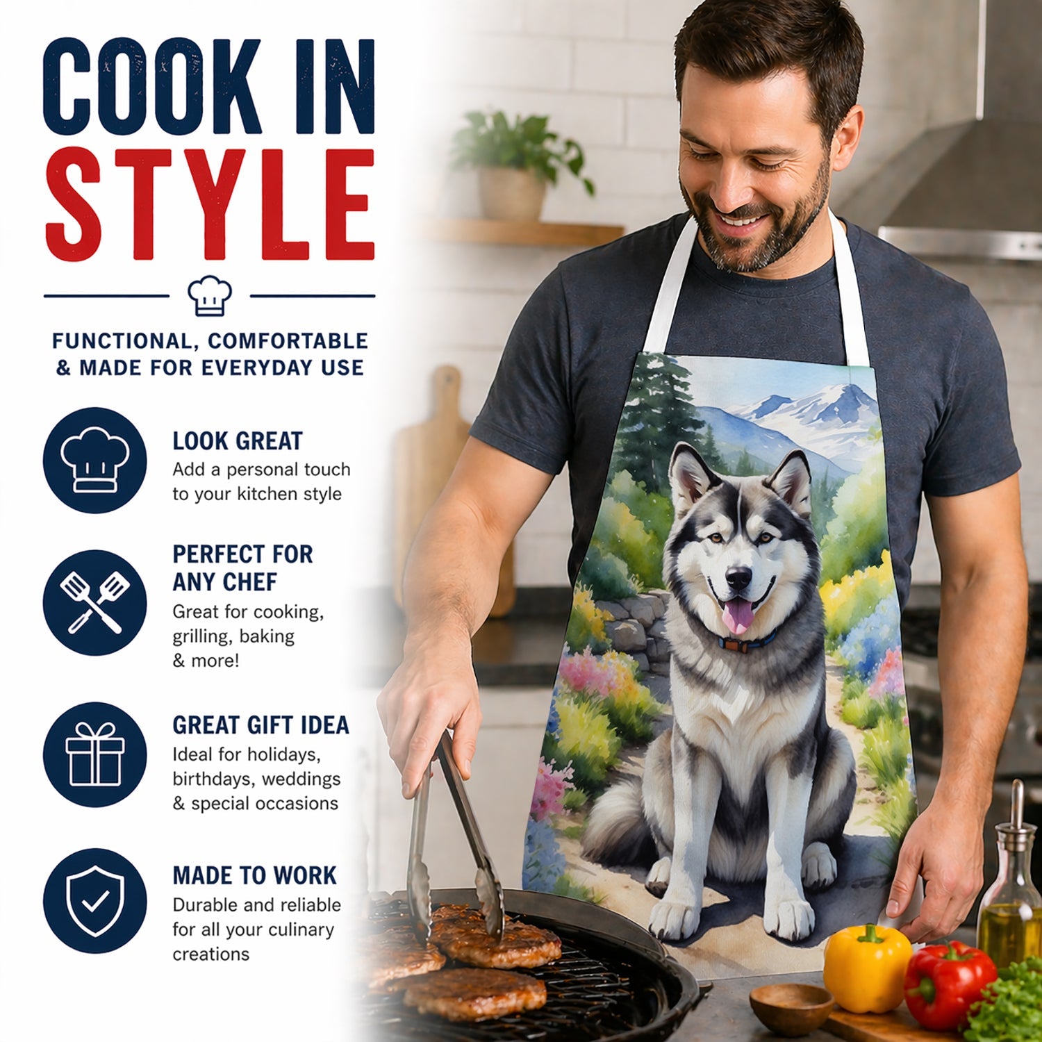 Alaskan Malamute Spring Garden Apron Cooking Kitchen Server Baking Crafts Gardening for Adult Women Men, Unisex, Large, Multicolor