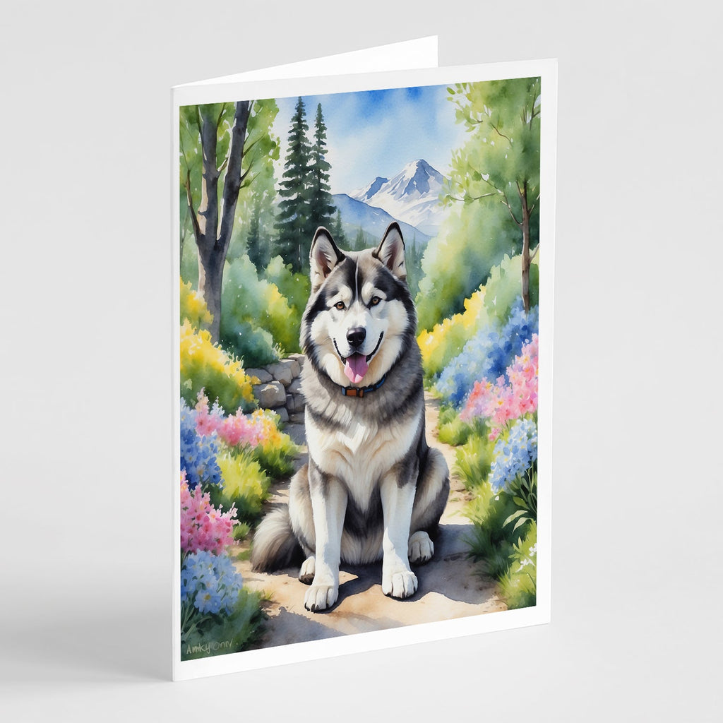 Alaskan Malamute Spring Garden Greeting Cards Pack of 8 Blank Cards with Envelopes Whimsical A7 Size 5x7