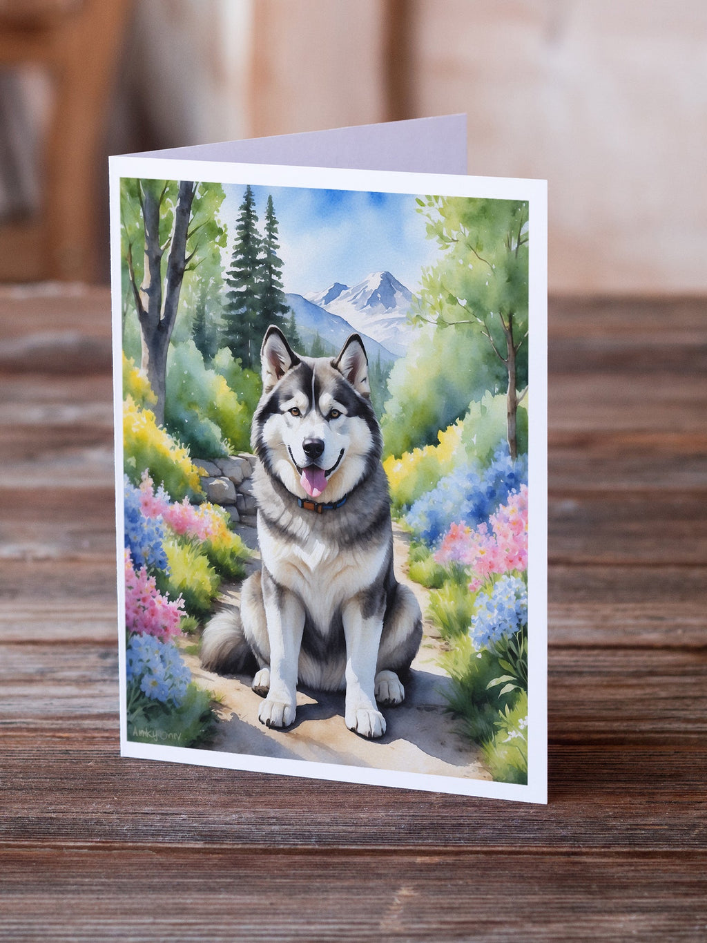 Alaskan Malamute Spring Garden Greeting Cards Pack of 8 Blank Cards with Envelopes Whimsical A7 Size 5x7