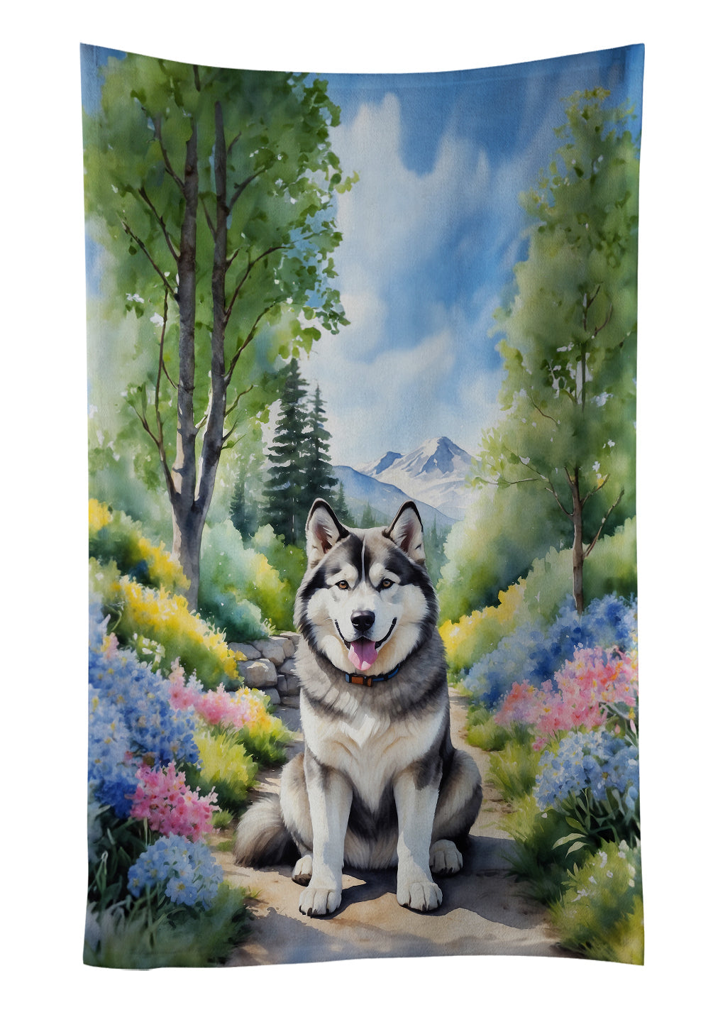 Alaskan Malamute Spring Garden Kitchen Towel Velour Plush Front and Cotton Loop Back Machine Washable