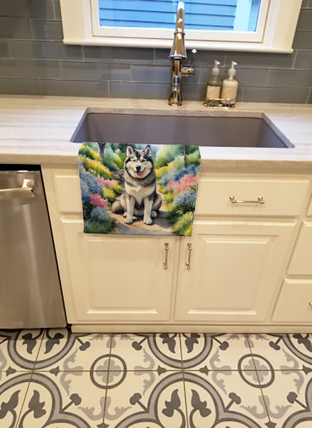 Alaskan Malamute Spring Garden Kitchen Towel Velour Plush Front and Cotton Loop Back Machine Washable