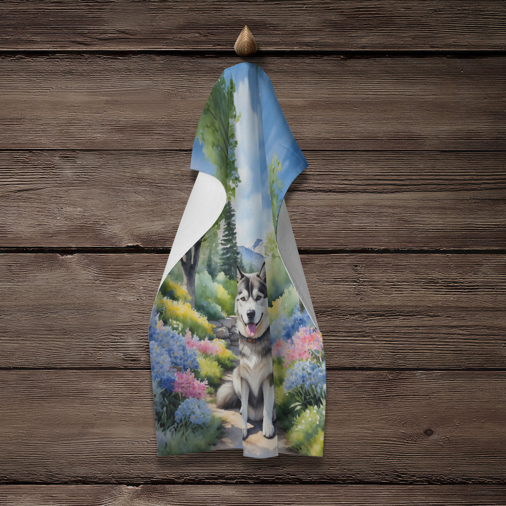 Alaskan Malamute Spring Garden Kitchen Towel Velour Plush Front and Cotton Loop Back Machine Washable