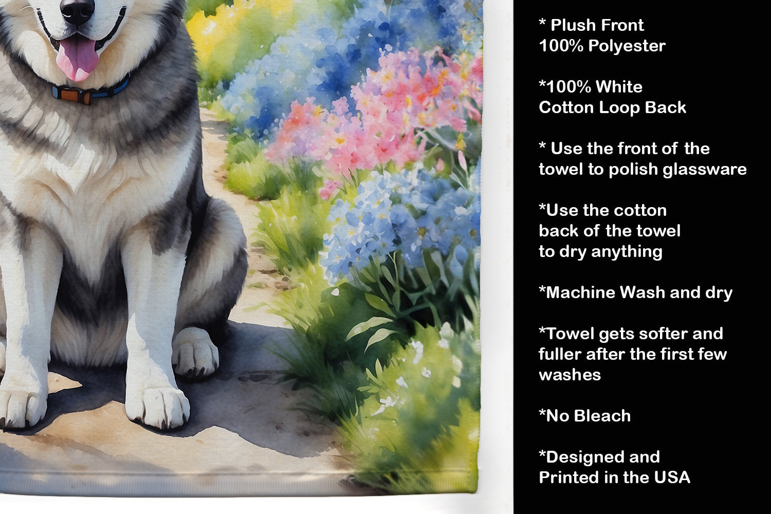 Alaskan Malamute Spring Garden Kitchen Towel Velour Plush Front and Cotton Loop Back Machine Washable