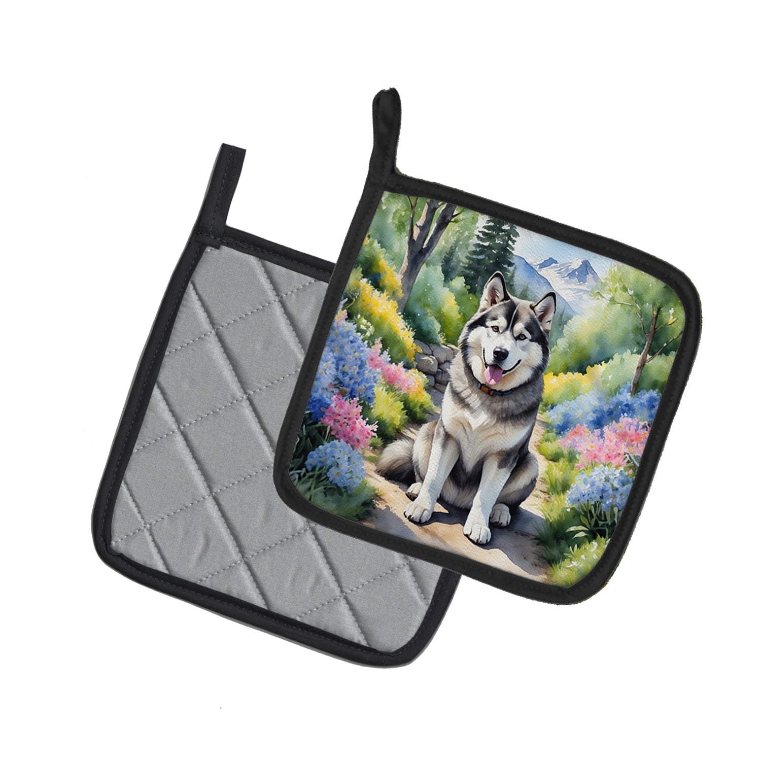 Alaskan Malamute Spring Garden Pot Holder Set of 2 Heat Resistant Quilted Hot Pads 7.5 x 7.5 Inch, Insulated Kitchen Trivets for Cooking & Baking