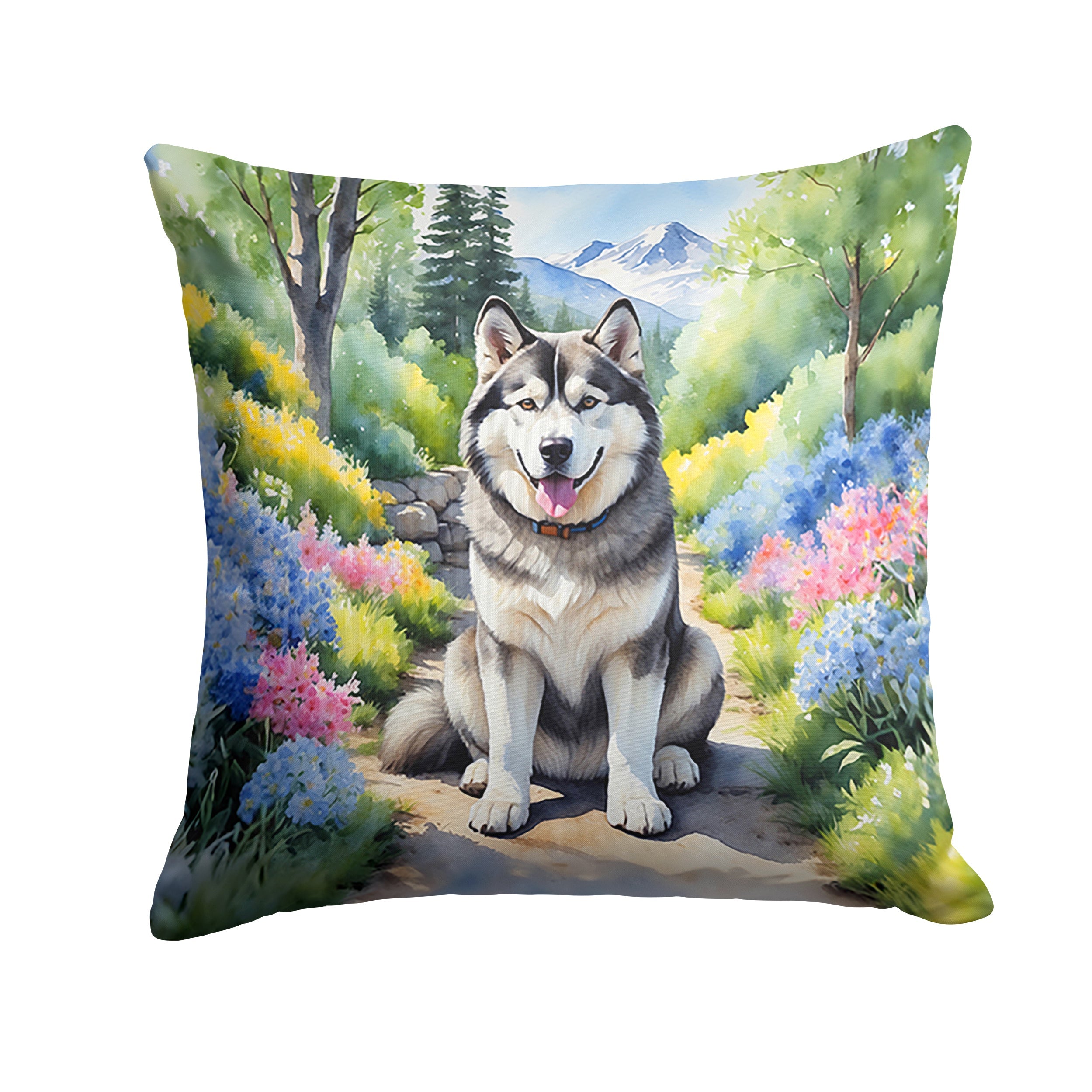 Alaskan Malamute Spring Garden Decorative Throw Pillow 18x18 Indoor Outdoor Accent Cushion, Fabric Cover with Insert for Sofa, Bed, Porch & Living Room