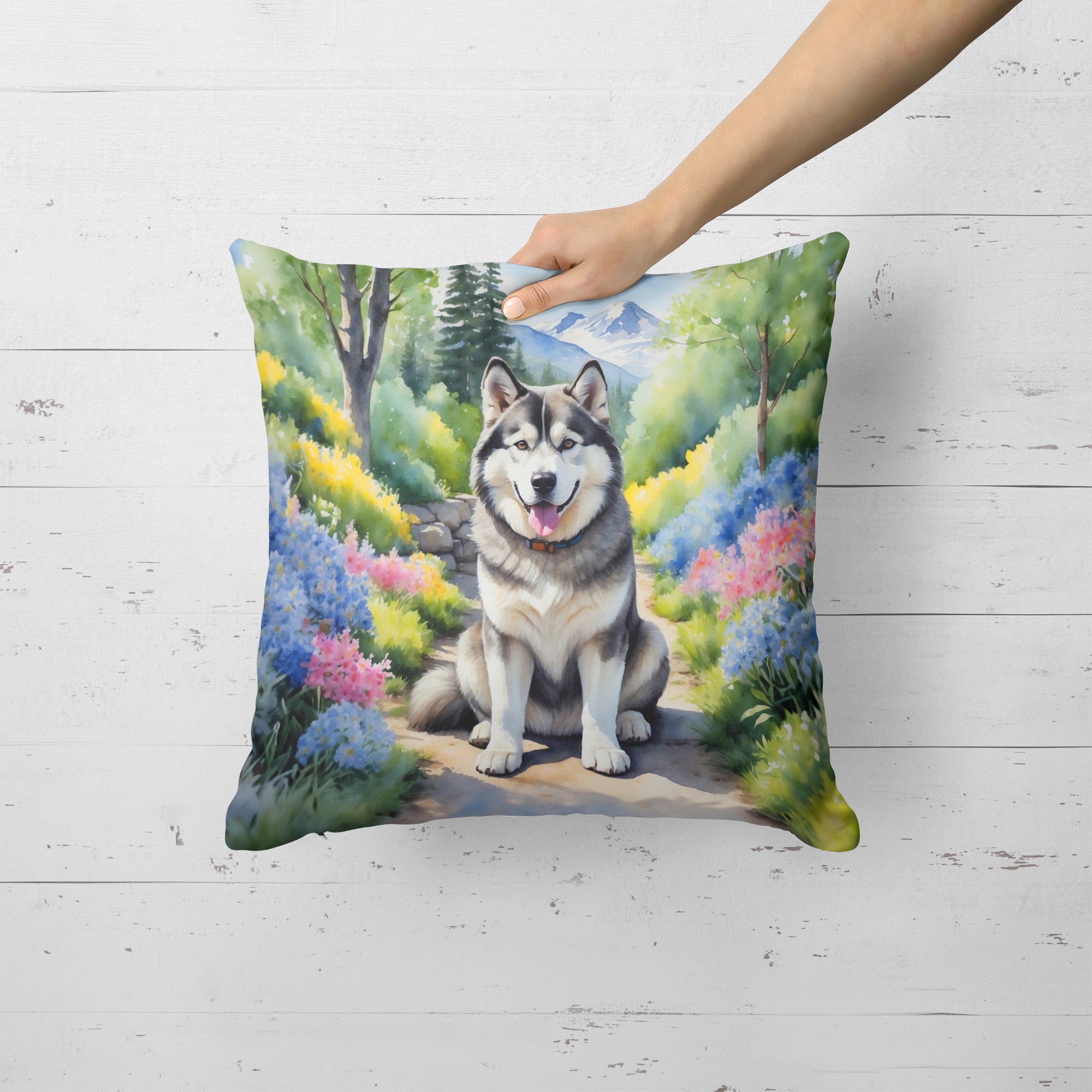 Alaskan Malamute Spring Garden Decorative Throw Pillow 18x18 Indoor Outdoor Accent Cushion, Fabric Cover with Insert for Sofa, Bed, Porch & Living Room