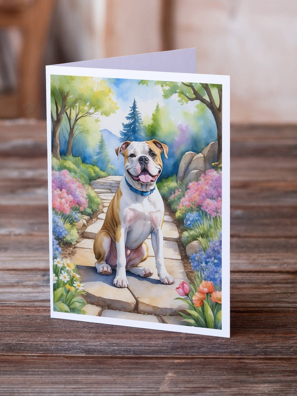 American Bulldog Spring Garden Greeting Cards Pack of 8 Blank Cards with Envelopes Whimsical A7 Size 5x7