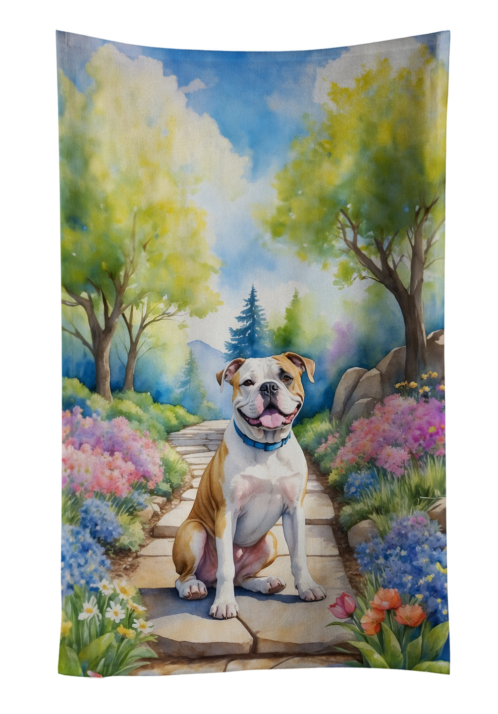 American Bulldog Spring Garden Kitchen Towel Velour Plush Front and Cotton Loop Back Machine Washable