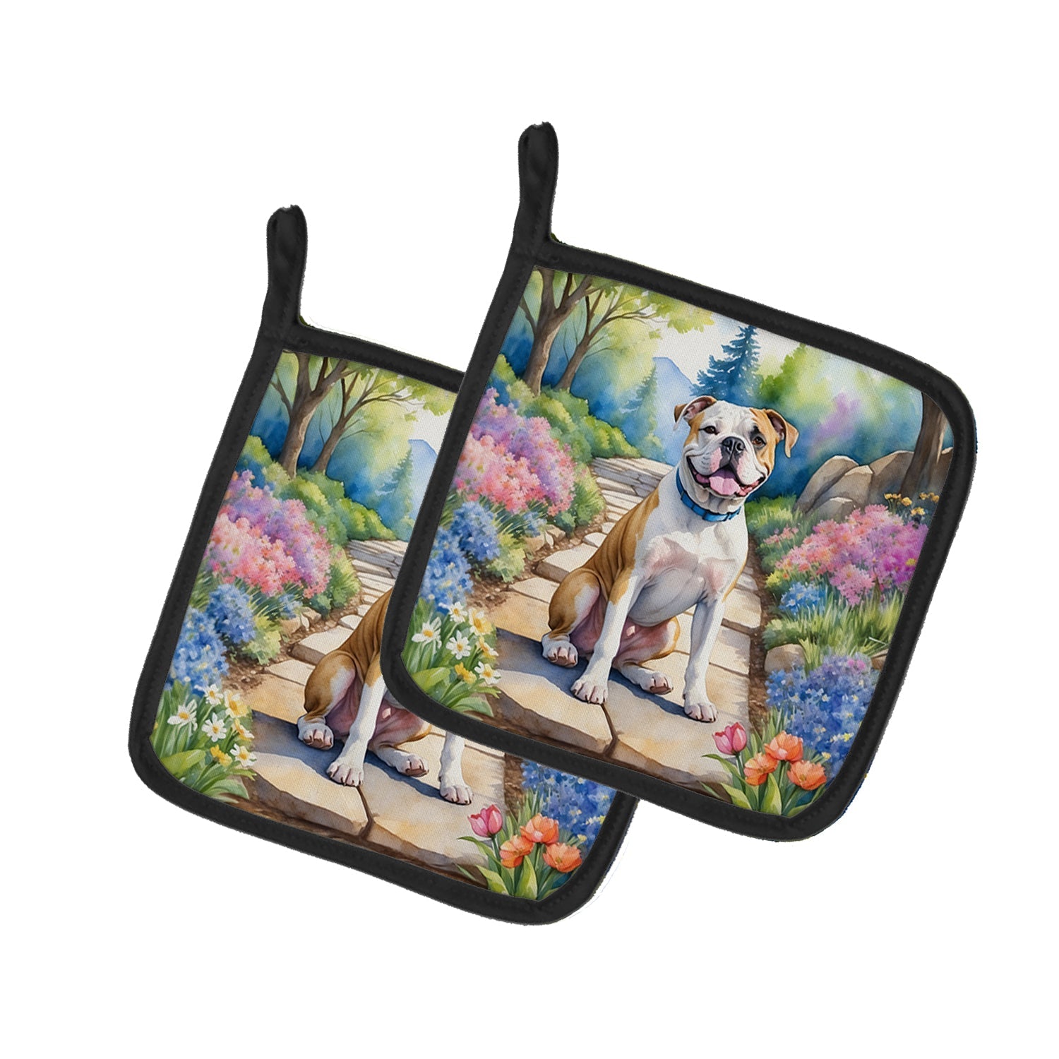 American Bulldog Spring Garden Pot Holder Set of 2 Heat Resistant Quilted Hot Pads 7.5 x 7.5 Inch, Insulated Kitchen Trivets for Cooking & Baking