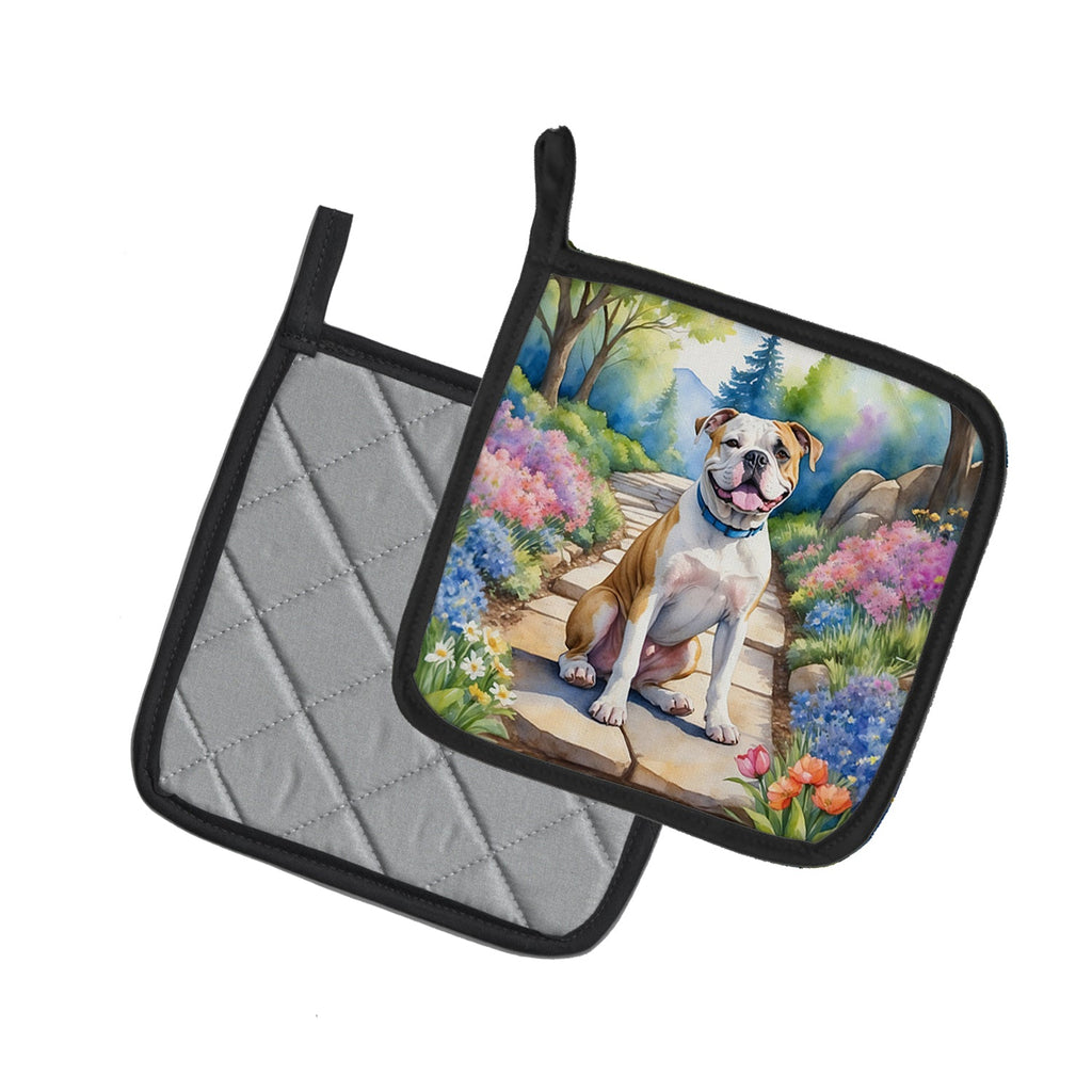 American Bulldog Spring Garden Pot Holder Set of 2 Heat Resistant Quilted Hot Pads 7.5 x 7.5 Inch, Insulated Kitchen Trivets for Cooking & Baking