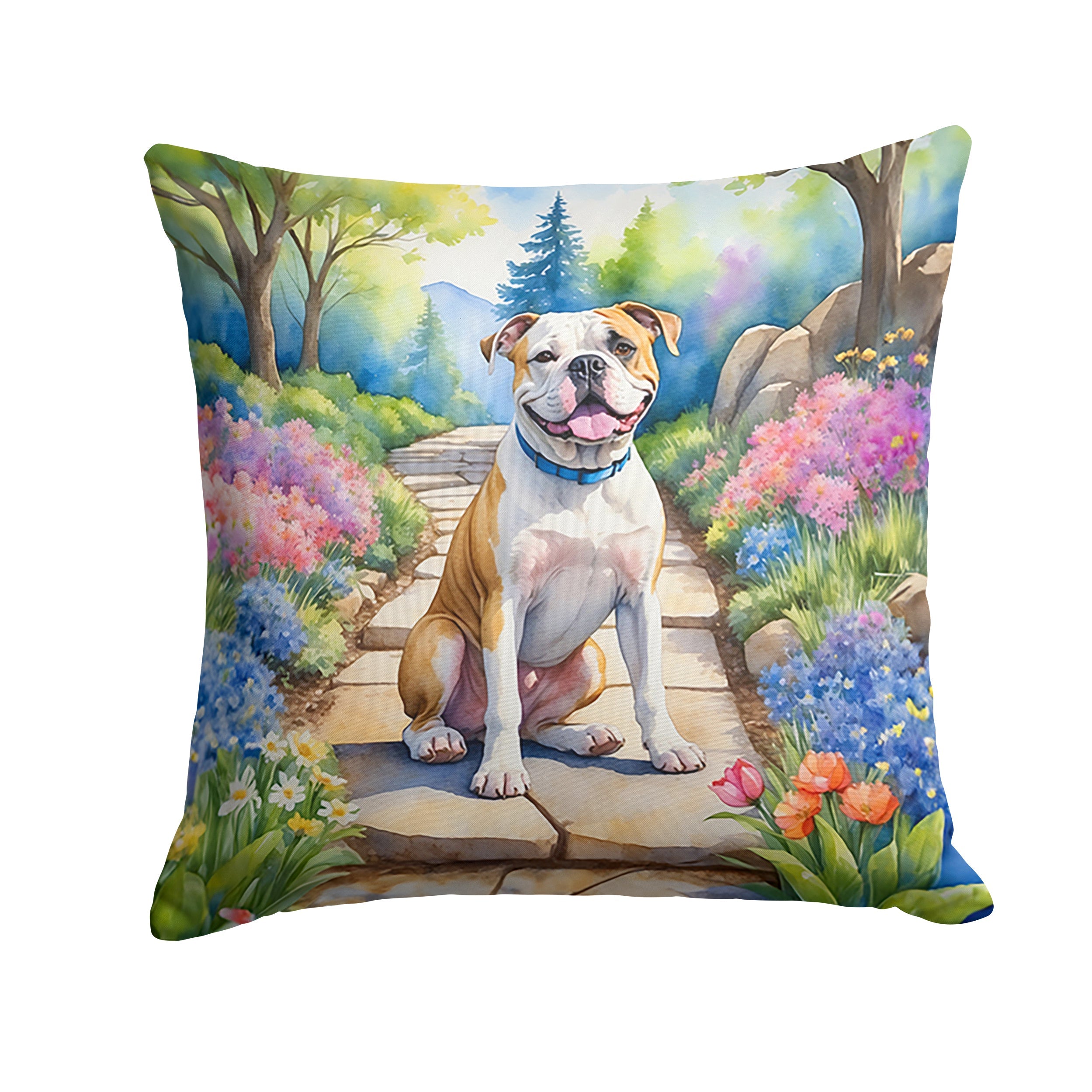 American Bulldog Spring Garden Decorative Throw Pillow 18x18 Indoor Outdoor Accent Cushion, Fabric Cover with Insert for Sofa, Bed, Porch & Living Room