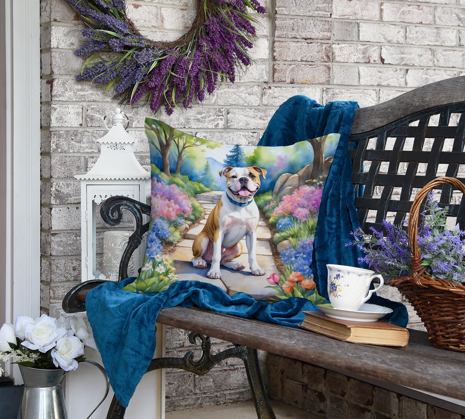 American Bulldog Spring Garden Decorative Throw Pillow 18x18 Indoor Outdoor Accent Cushion, Fabric Cover with Insert for Sofa, Bed, Porch & Living Room
