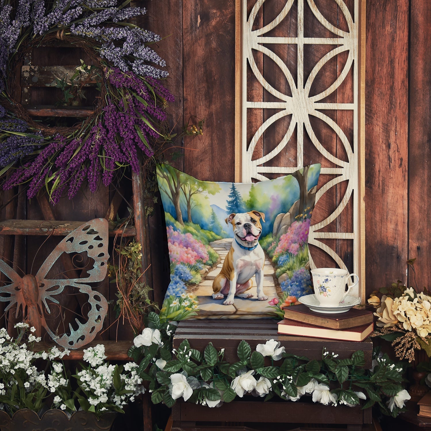 American Bulldog Spring Garden Decorative Throw Pillow 18x18 Indoor Outdoor Accent Cushion, Fabric Cover with Insert for Sofa, Bed, Porch & Living Room