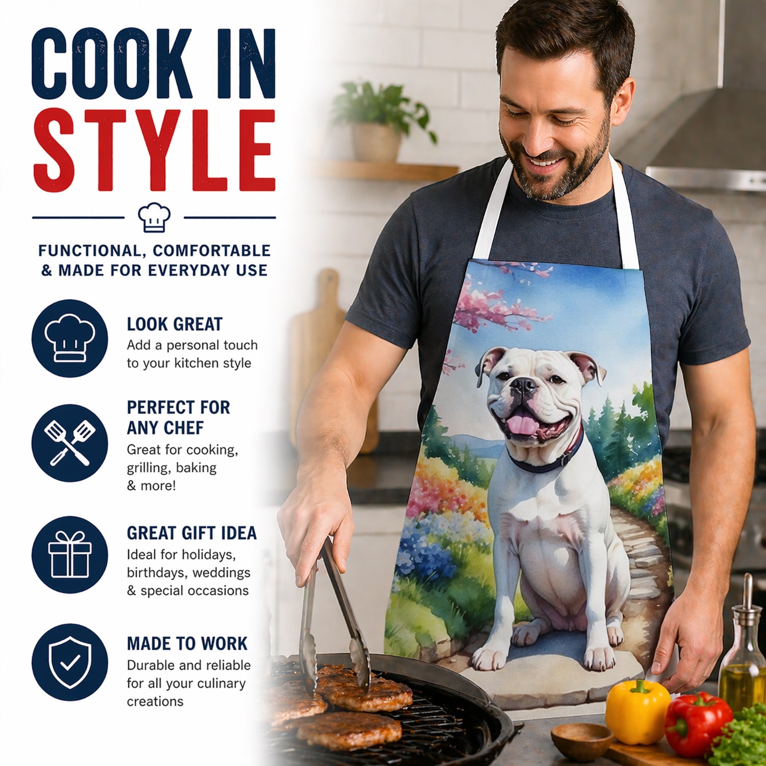 American Bulldog Spring Garden Apron Cooking Kitchen Server Baking Crafts Gardening for Adult Women Men, Unisex, Large, Multicolor