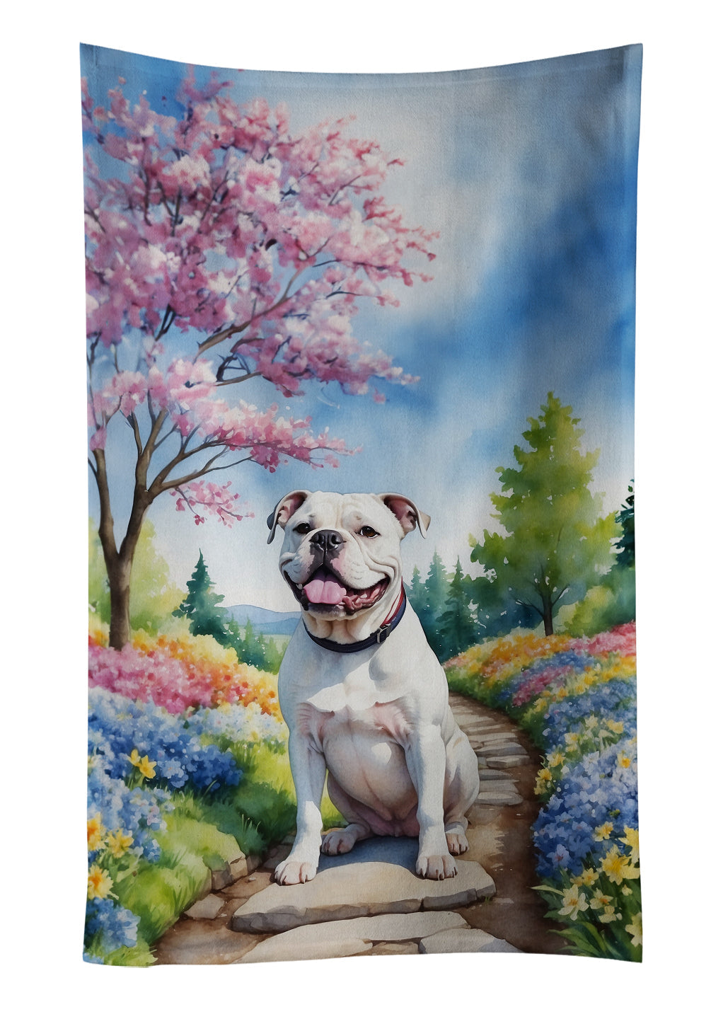 American Bulldog Spring Garden Kitchen Towel Velour Plush Front and Cotton Loop Back Machine Washable