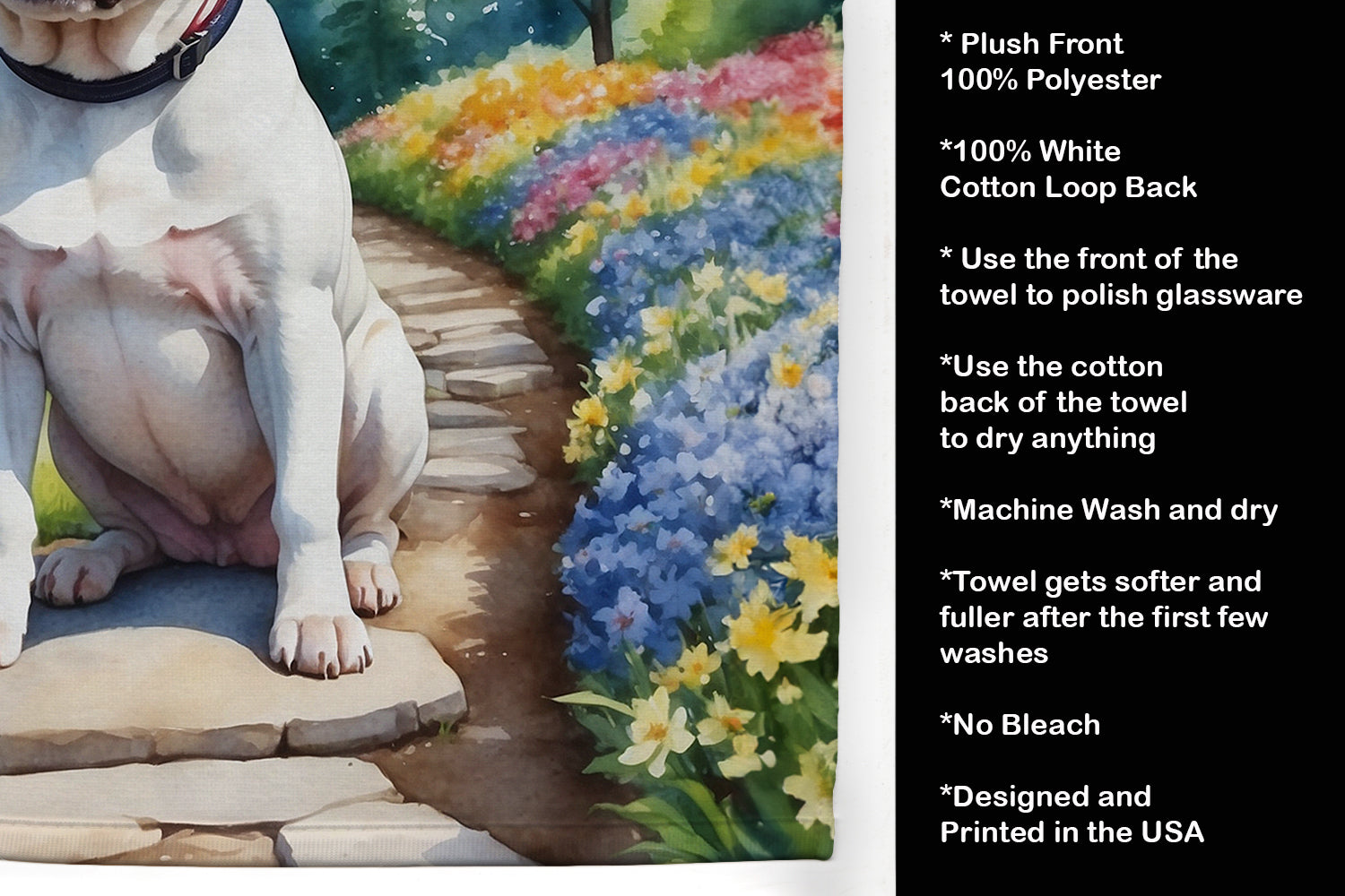 American Bulldog Spring Garden Kitchen Towel Velour Plush Front and Cotton Loop Back Machine Washable