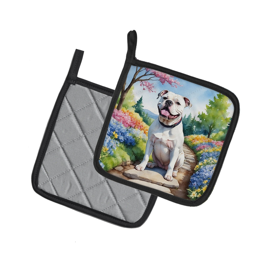 American Bulldog Spring Garden Pot Holder Set of 2 Heat Resistant Quilted Hot Pads 7.5 x 7.5 Inch, Insulated Kitchen Trivets for Cooking & Baking