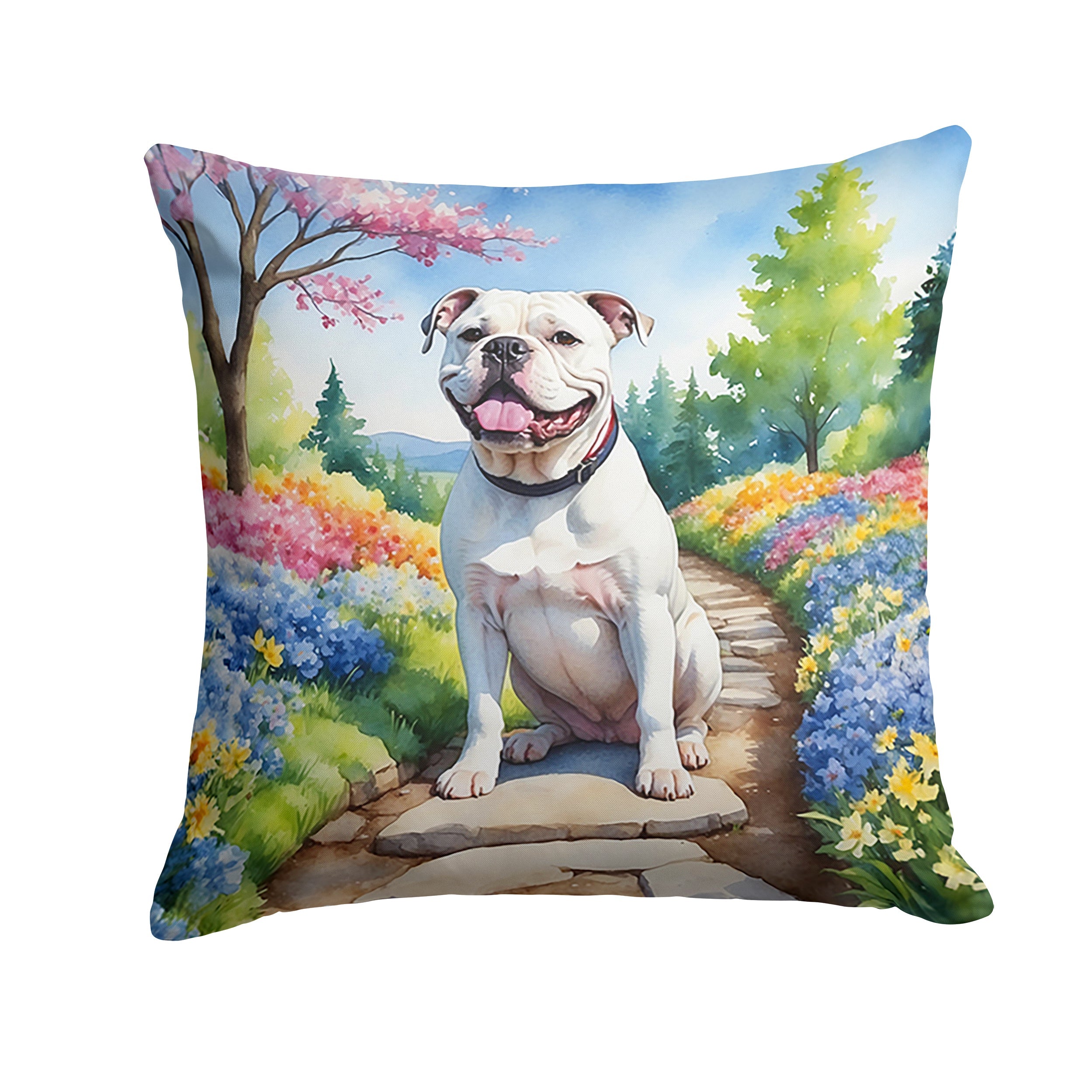 American Bulldog Spring Garden Decorative Throw Pillow 18x18 Indoor Outdoor Accent Cushion, Fabric Cover with Insert for Sofa, Bed, Porch & Living Room