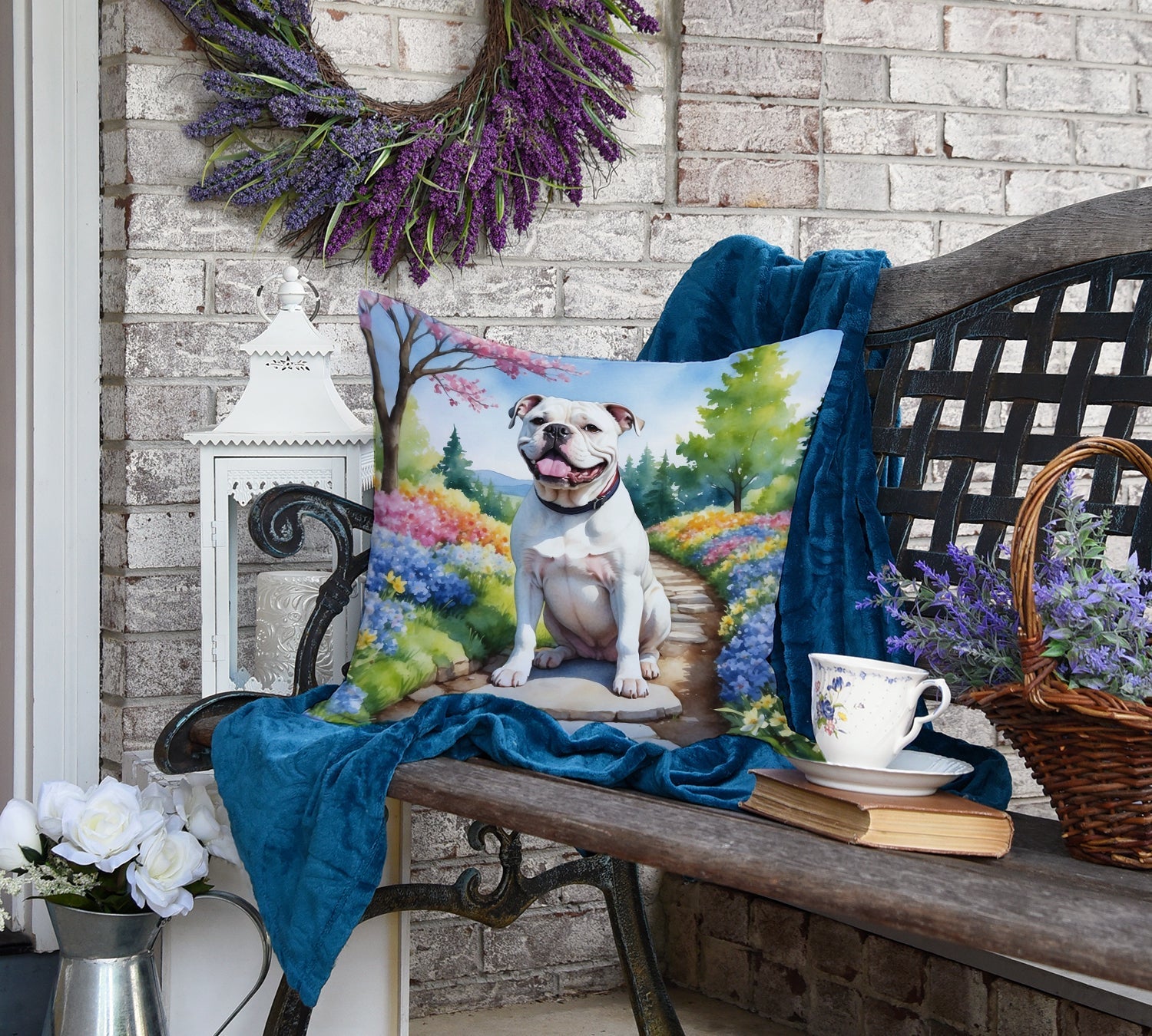 American Bulldog Spring Garden Decorative Throw Pillow 18x18 Indoor Outdoor Accent Cushion, Fabric Cover with Insert for Sofa, Bed, Porch & Living Room