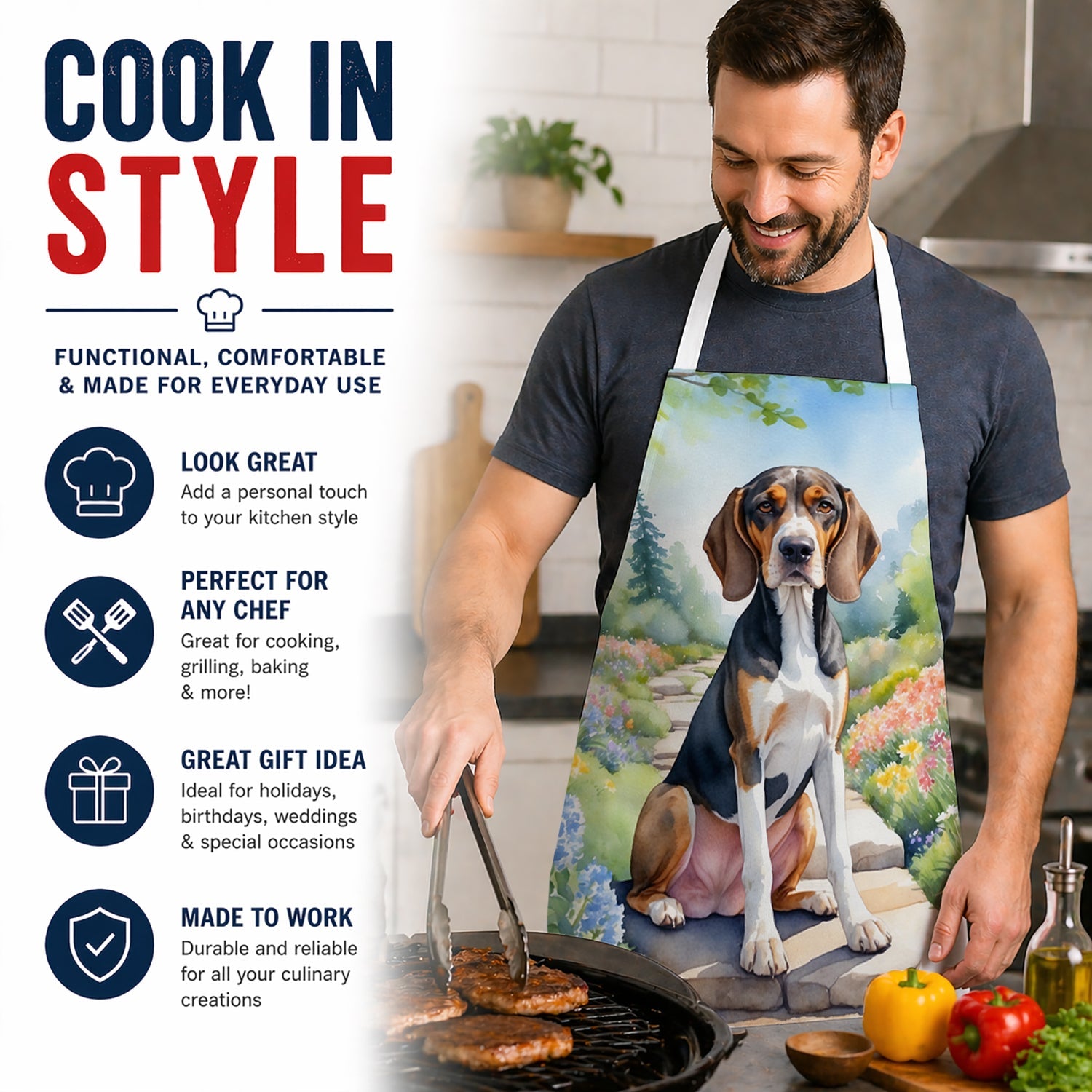 American English Coonhound Spring Garden Apron Cooking Kitchen Server Baking Crafts Gardening for Adult Women Men, Unisex, Large, Multicolor