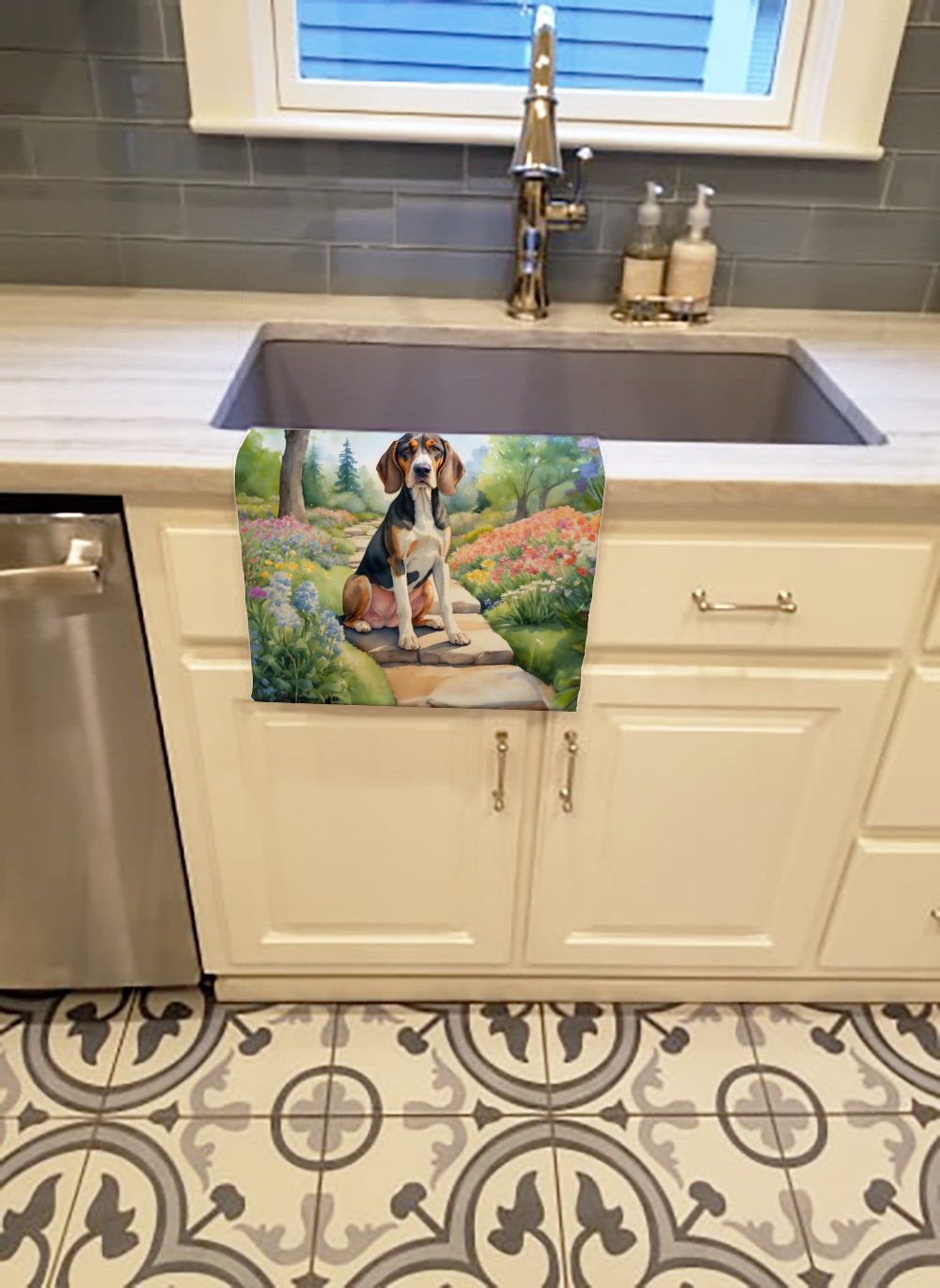 American English Coonhound Spring Garden Kitchen Towel Velour Plush Front and Cotton Loop Back Machine Washable
