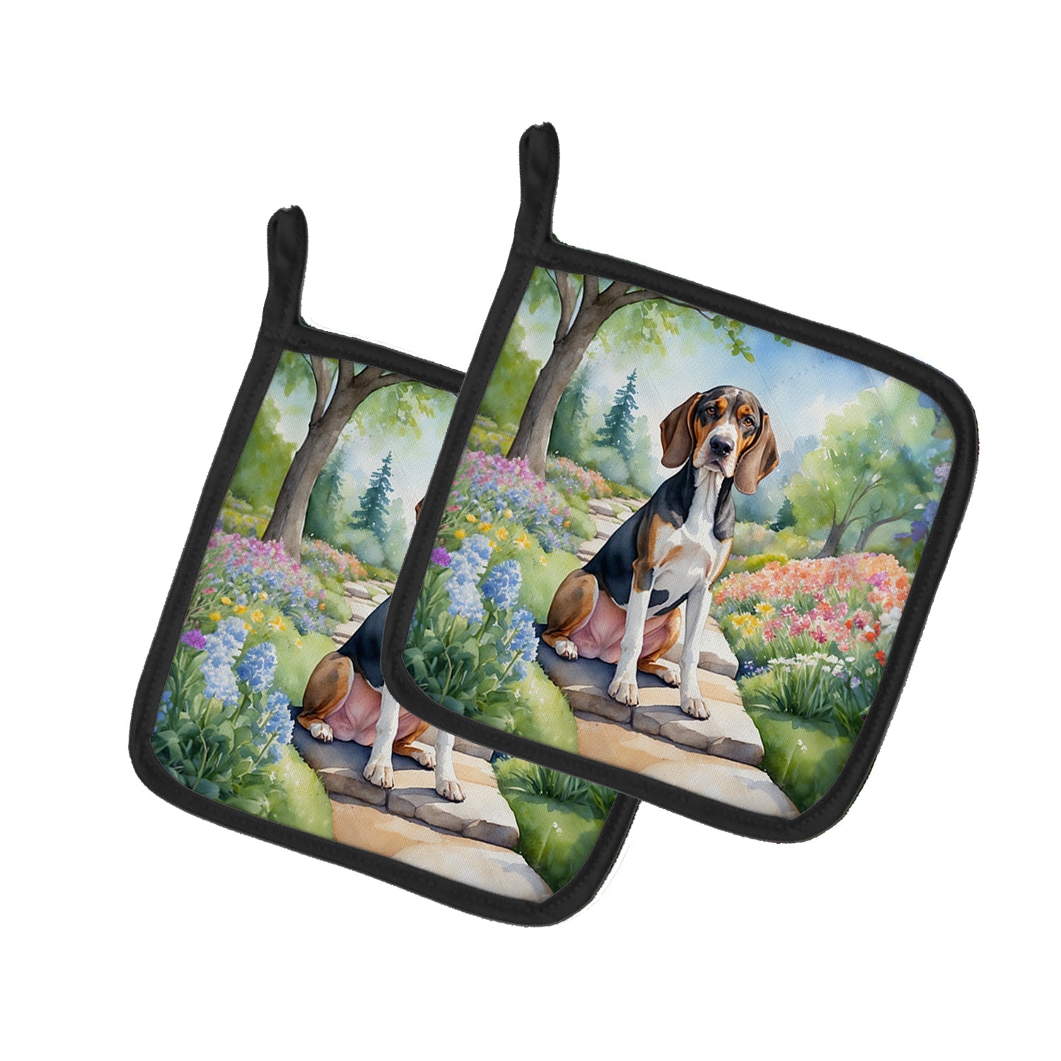 American English Coonhound Spring Garden Pot Holder Set of 2 Heat Resistant Quilted Hot Pads 7.5 x 7.5 Inch, Insulated Kitchen Trivets for Cooking & Baking