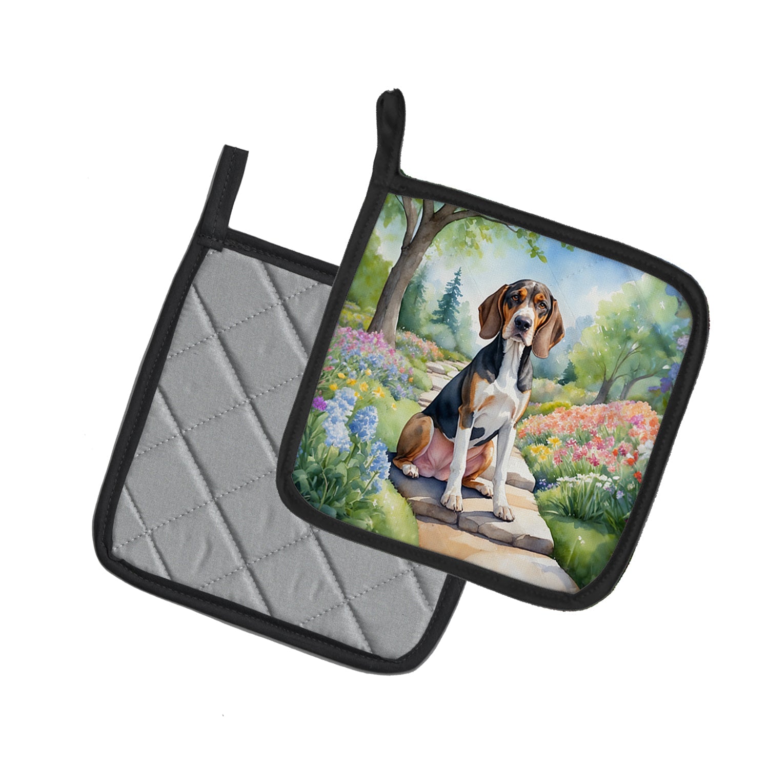 American English Coonhound Spring Garden Pot Holder Set of 2 Heat Resistant Quilted Hot Pads 7.5 x 7.5 Inch, Insulated Kitchen Trivets for Cooking & Baking