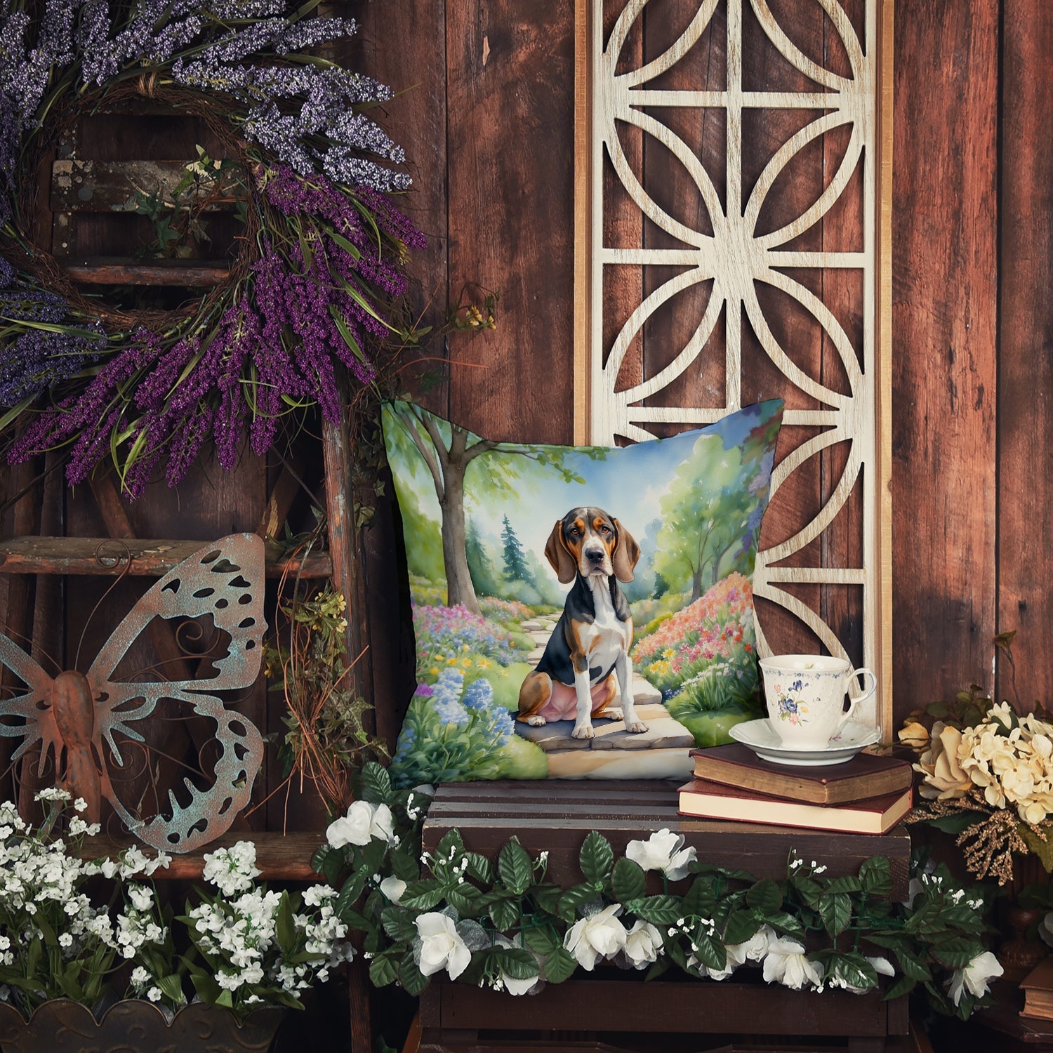American English Coonhound Spring Garden Decorative Throw Pillow 18x18 Indoor Outdoor Accent Cushion, Fabric Cover with Insert for Sofa, Bed, Porch & Living Room