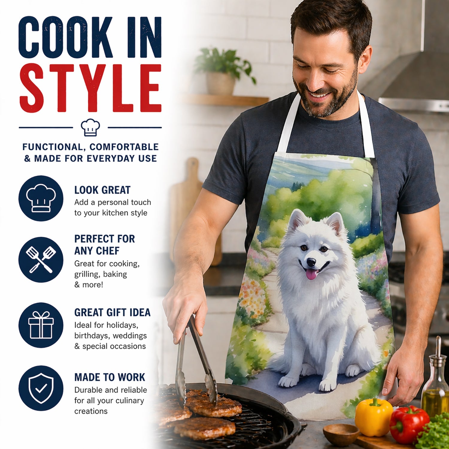 American Eskimo Spring Garden Apron Cooking Kitchen Server Baking Crafts Gardening for Adult Women Men, Unisex, Large, Multicolor
