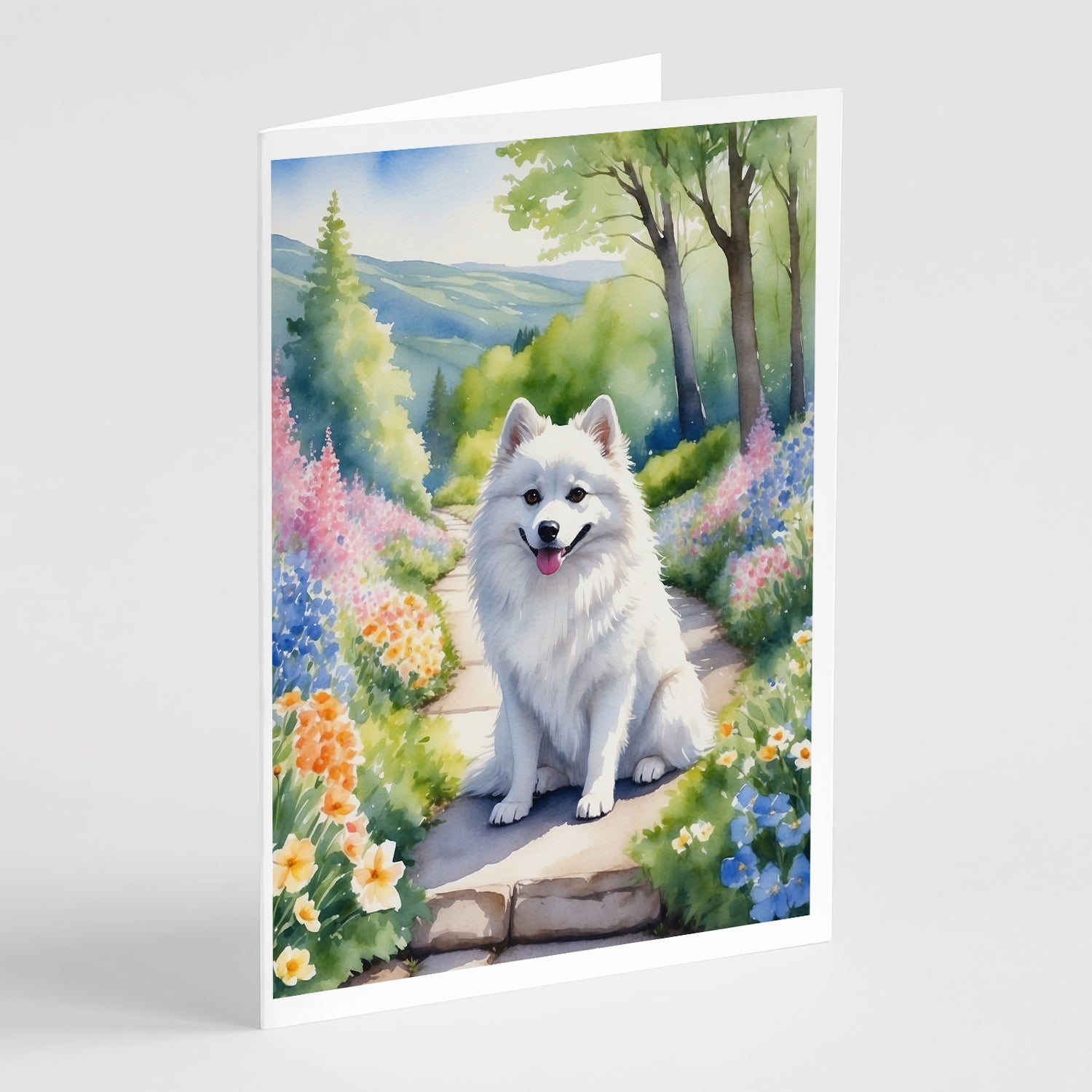 American Eskimo Spring Garden Greeting Cards Pack of 8 Blank Cards with Envelopes Whimsical A7 Size 5x7