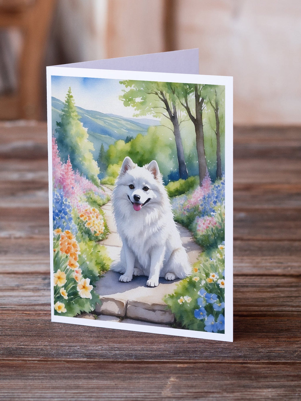 American Eskimo Spring Garden Greeting Cards Pack of 8 Blank Cards with Envelopes Whimsical A7 Size 5x7