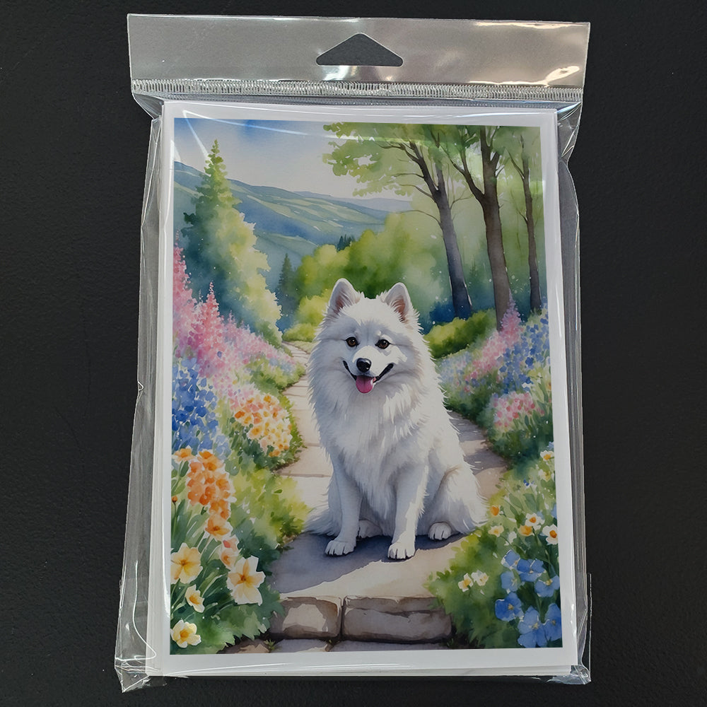 American Eskimo Spring Garden Greeting Cards Pack of 8 Blank Cards with Envelopes Whimsical A7 Size 5x7