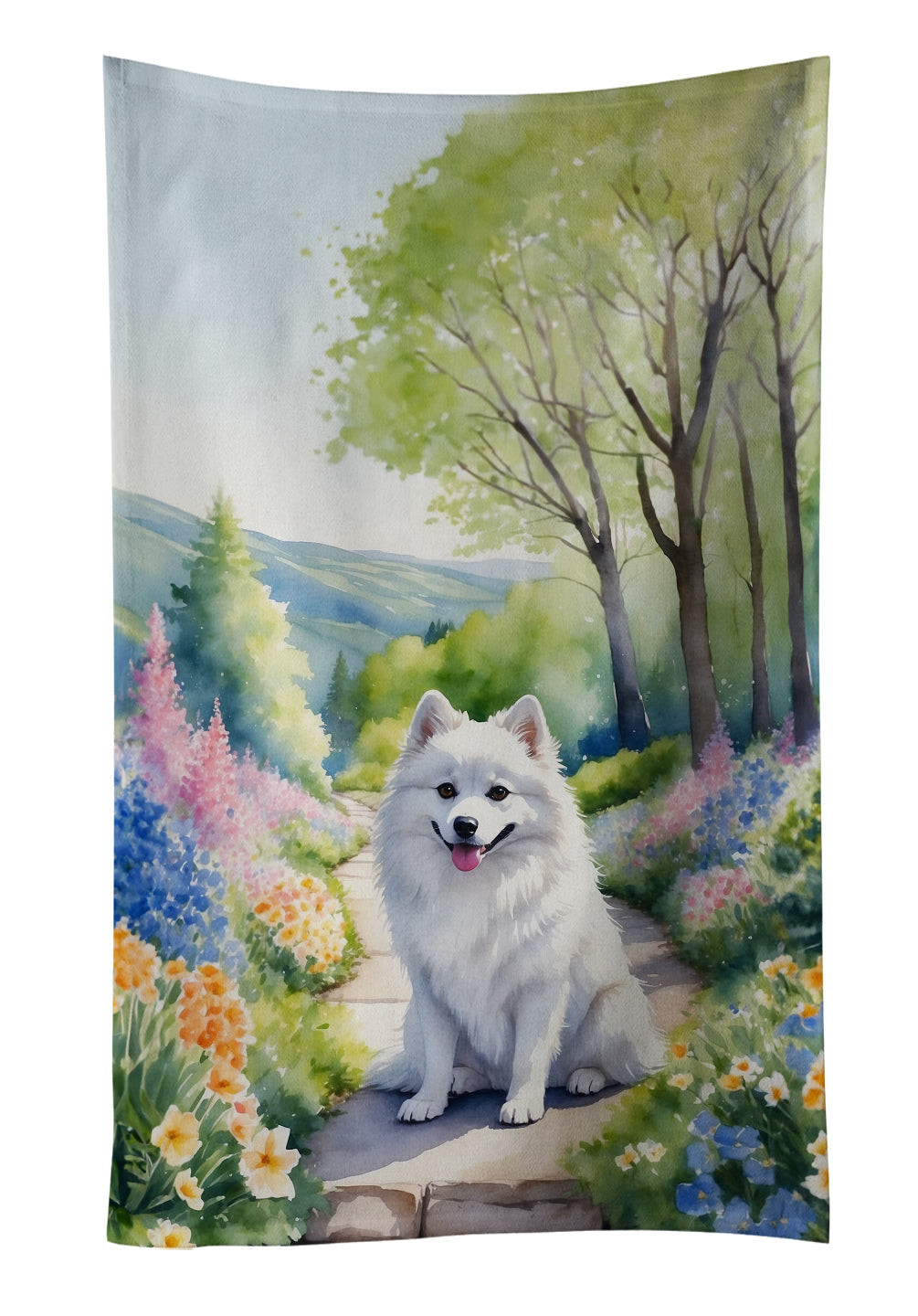 American Eskimo Spring Garden Kitchen Towel Velour Plush Front and Cotton Loop Back Machine Washable