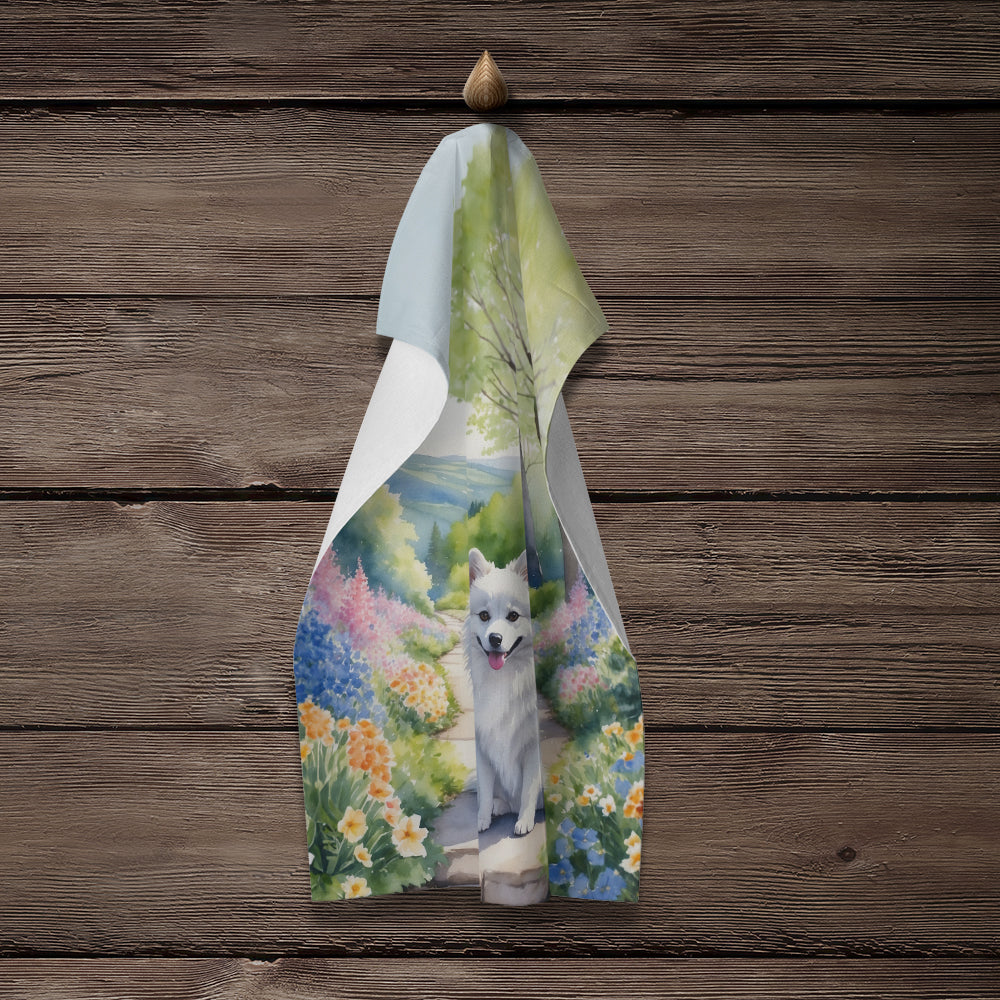 American Eskimo Spring Garden Kitchen Towel Velour Plush Front and Cotton Loop Back Machine Washable