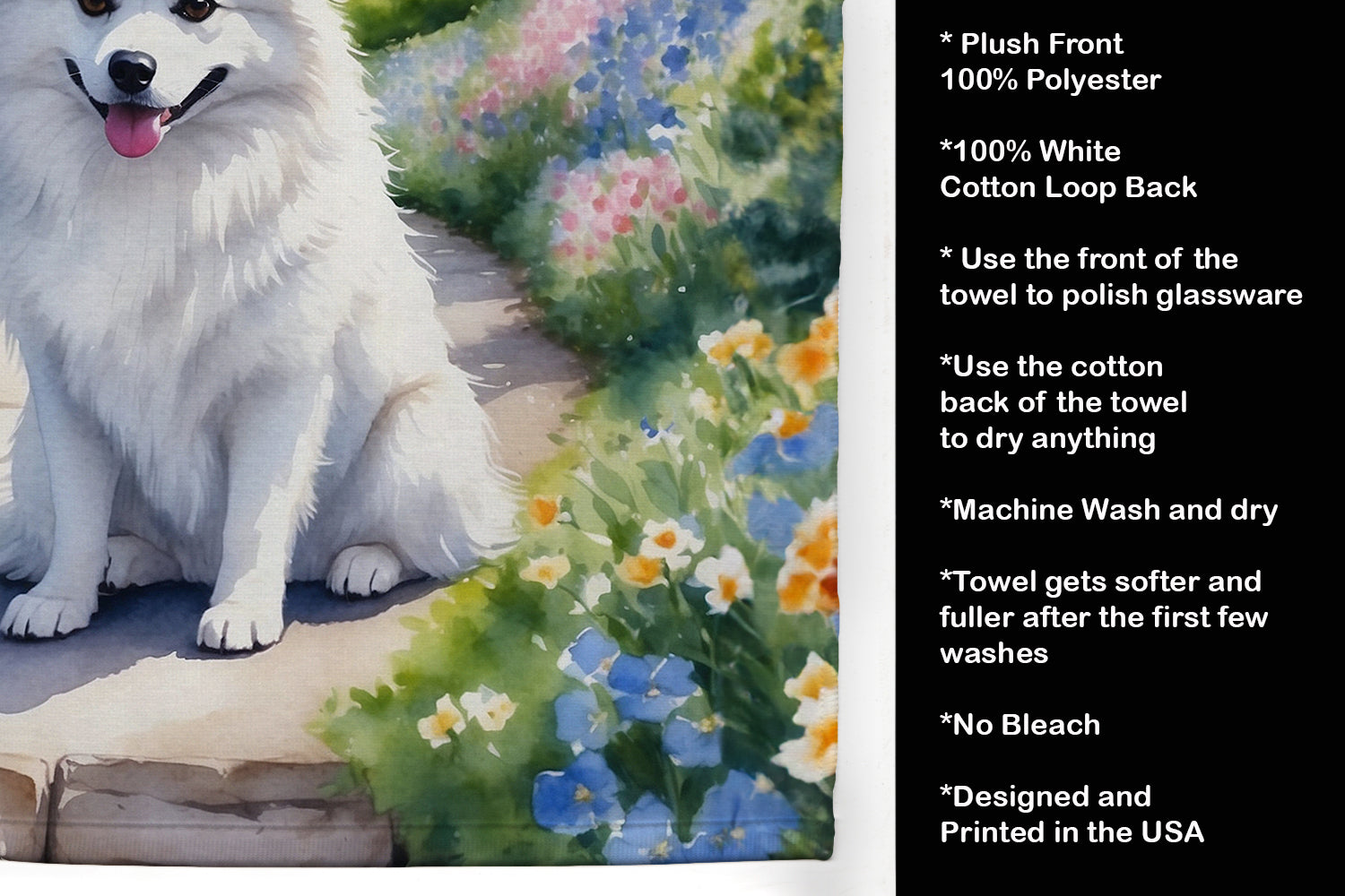 American Eskimo Spring Garden Kitchen Towel Velour Plush Front and Cotton Loop Back Machine Washable