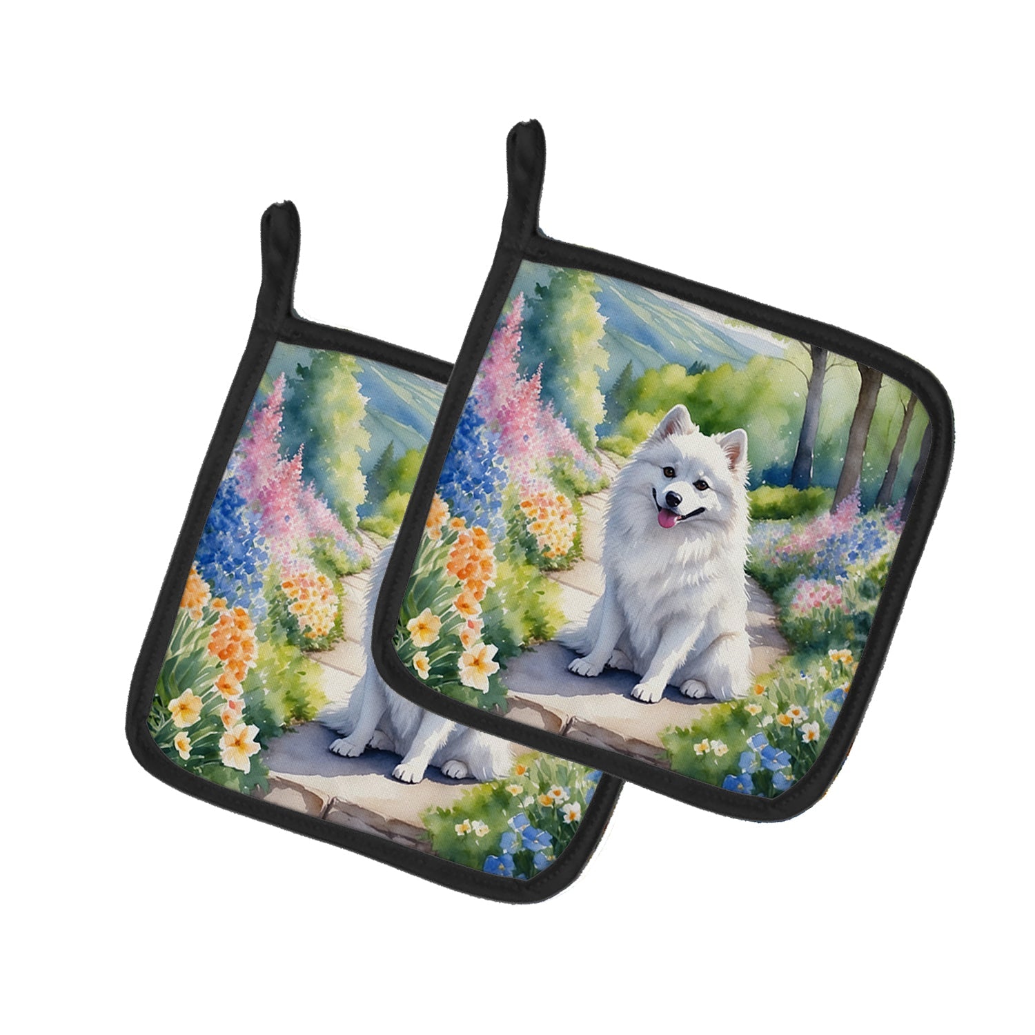 American Eskimo Spring Garden Pot Holder Set of 2 Heat Resistant Quilted Hot Pads 7.5 x 7.5 Inch, Insulated Kitchen Trivets for Cooking & Baking