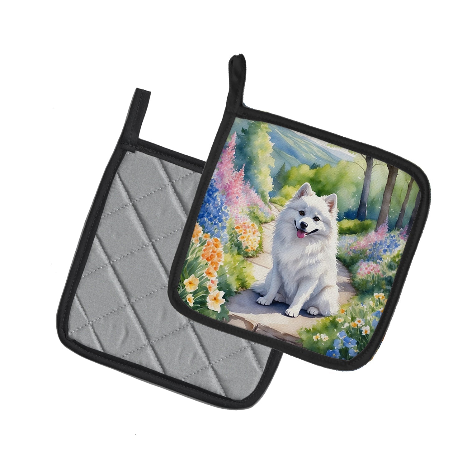 American Eskimo Spring Garden Pot Holder Set of 2 Heat Resistant Quilted Hot Pads 7.5 x 7.5 Inch, Insulated Kitchen Trivets for Cooking & Baking