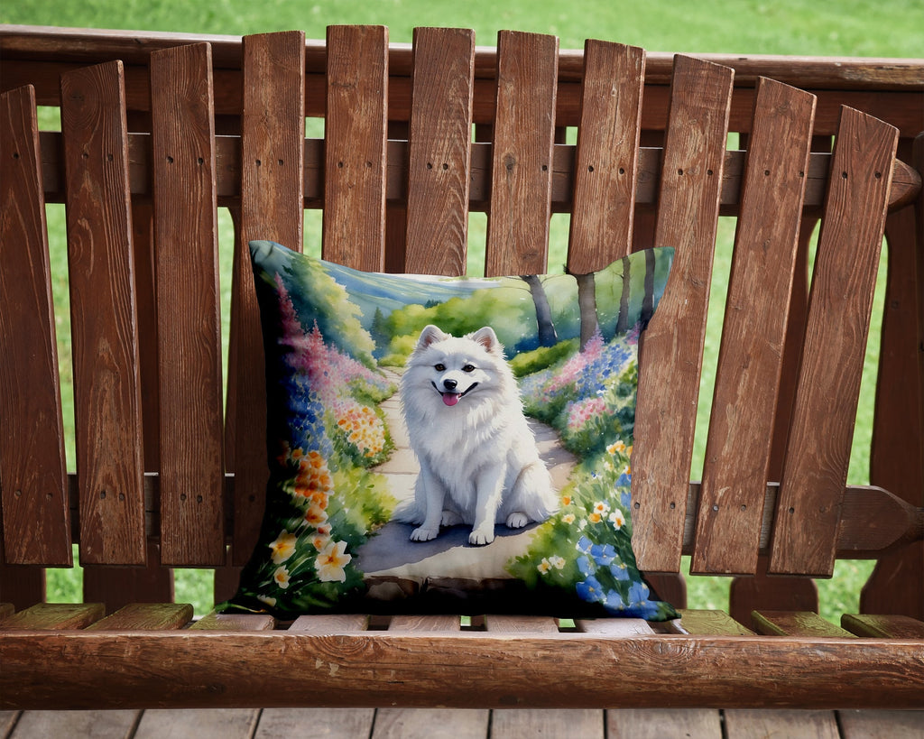 American Eskimo Spring Garden Decorative Throw Pillow 14x14 Indoor Outdoor Accent Cushion, Fabric Cover with Insert for Sofa, Bed, Porch & Living Room