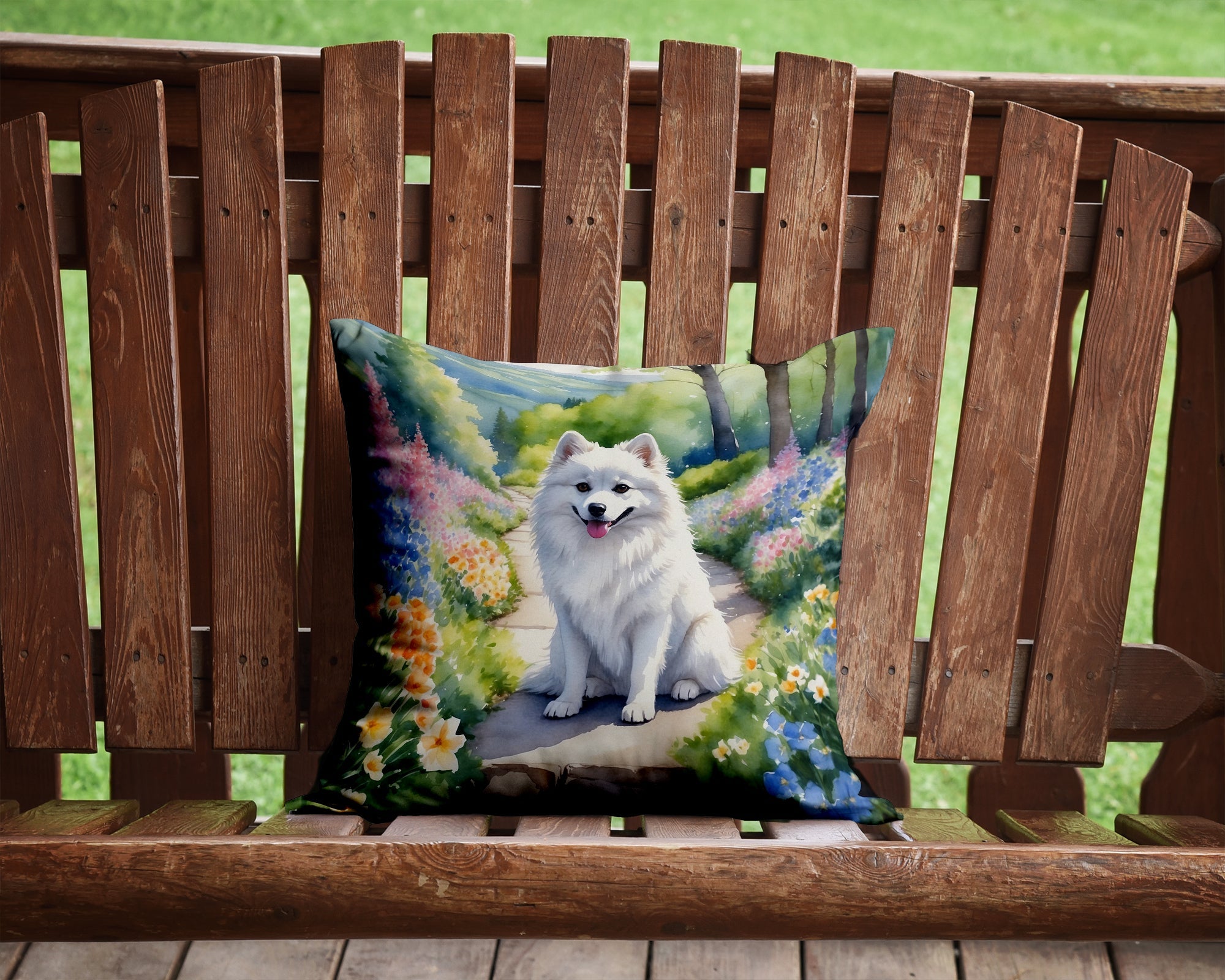 American Eskimo Spring Garden Decorative Throw Pillow 14x14 Indoor Outdoor Accent Cushion, Fabric Cover with Insert for Sofa, Bed, Porch & Living Room
